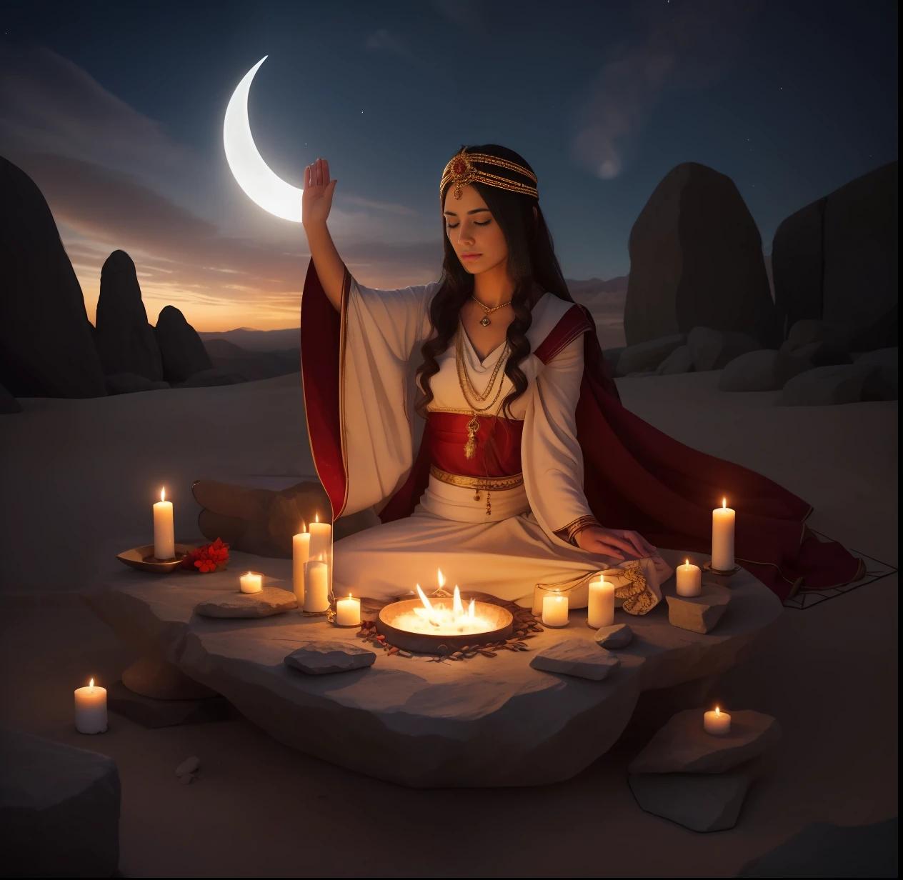 8K, best quality, masterpiece, ultra high resolution, (photorealistic: 1.4), raw photo, Phoenician style stone altar, in the desert, on a rocky slope, incense, flower petals, fire, smoke, crescent moon in high sky, ((incredibly detalahdo)) with symbols set from the stone, and a beautiful and sensual priestess kneeling to the altar, wearing ritualistic clothes of white colors,  Golden and red, she has wavy brown hair. he has his hands raised to heaven.