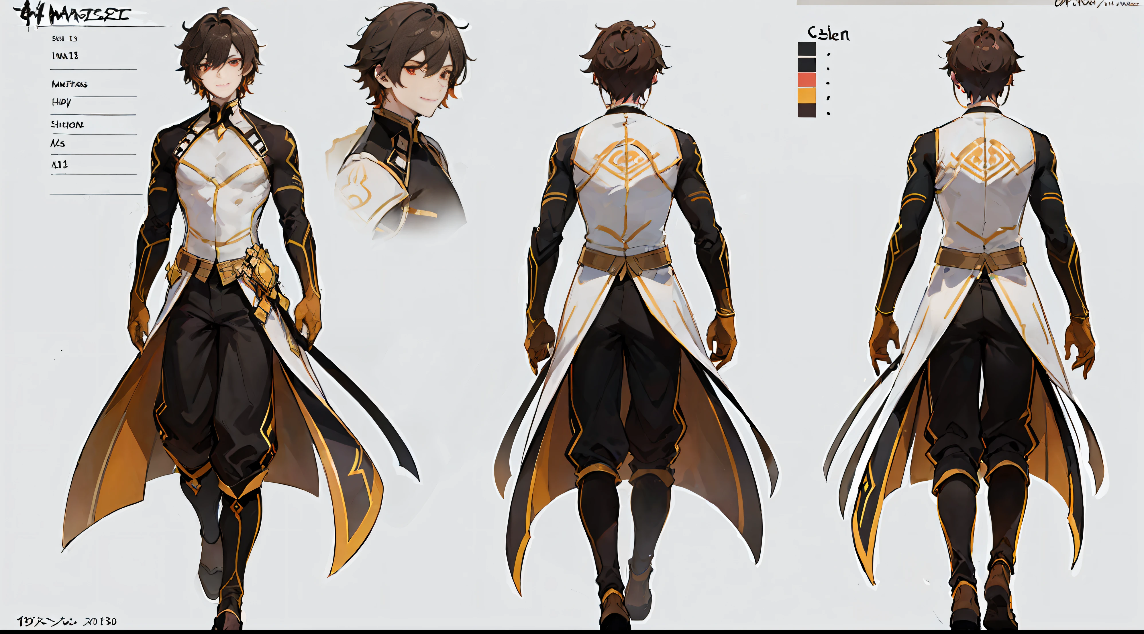 ((masterpiece)),(((best quality))),(character design sheet,same character,front,side,back), 1man, handsome elderly man, solo, medium hair, red eyes, masterpiece, best quality, looking at around, full body, 180cm tall, detailed, smiling, charturnbetalora, concept art, character concept art, character sketch, reference sheet, character sheet, (simple background, white background: 1.3), battle stance