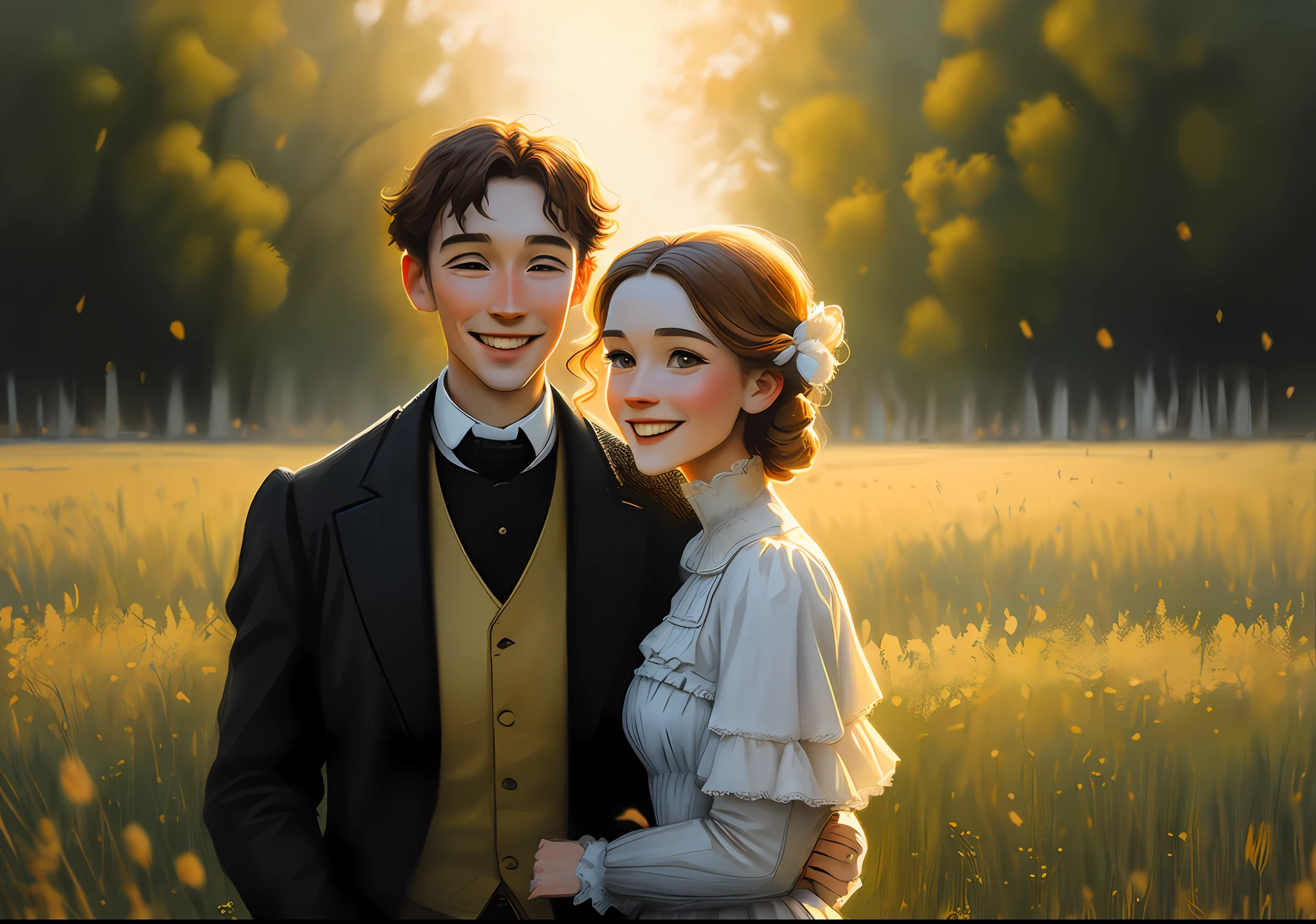 Victorian couple, talking, smiling, color field painting, backlighting, anatomically correct