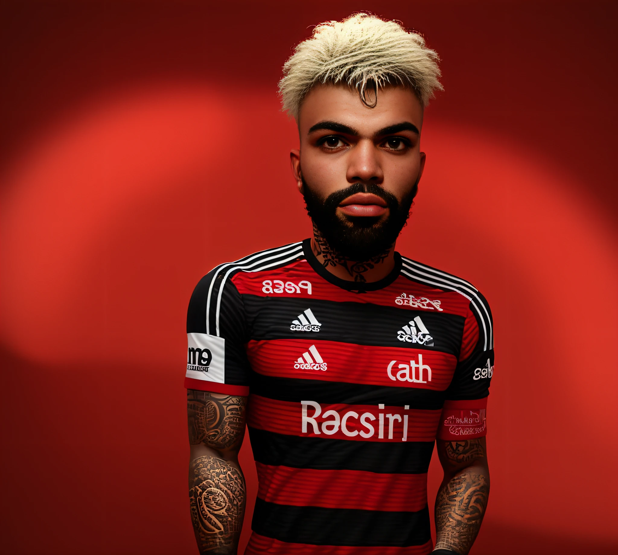 A man with tattoos and beard is with raised fist, gabriel barbosa, black background, take lines, ultra realistic, smaller head, gabigol, gabi, flamengo shirt, adidas, liberators, golden shirt, twisted background, earring, chain, small head,