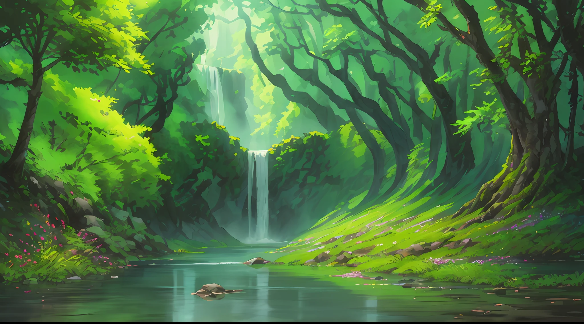 anime scenery of a waterfall in a forest with a stream, magical environment, environment concept art, environmental concept art, environment and concept art, environment art, environment design illustration, anime scenery concept art, relaxing concept art, andreas rocha style, digital painting concept art, silvain sarrailh, inspired by Andreas Rocha, background artwork, fantasy art style, environment painting
