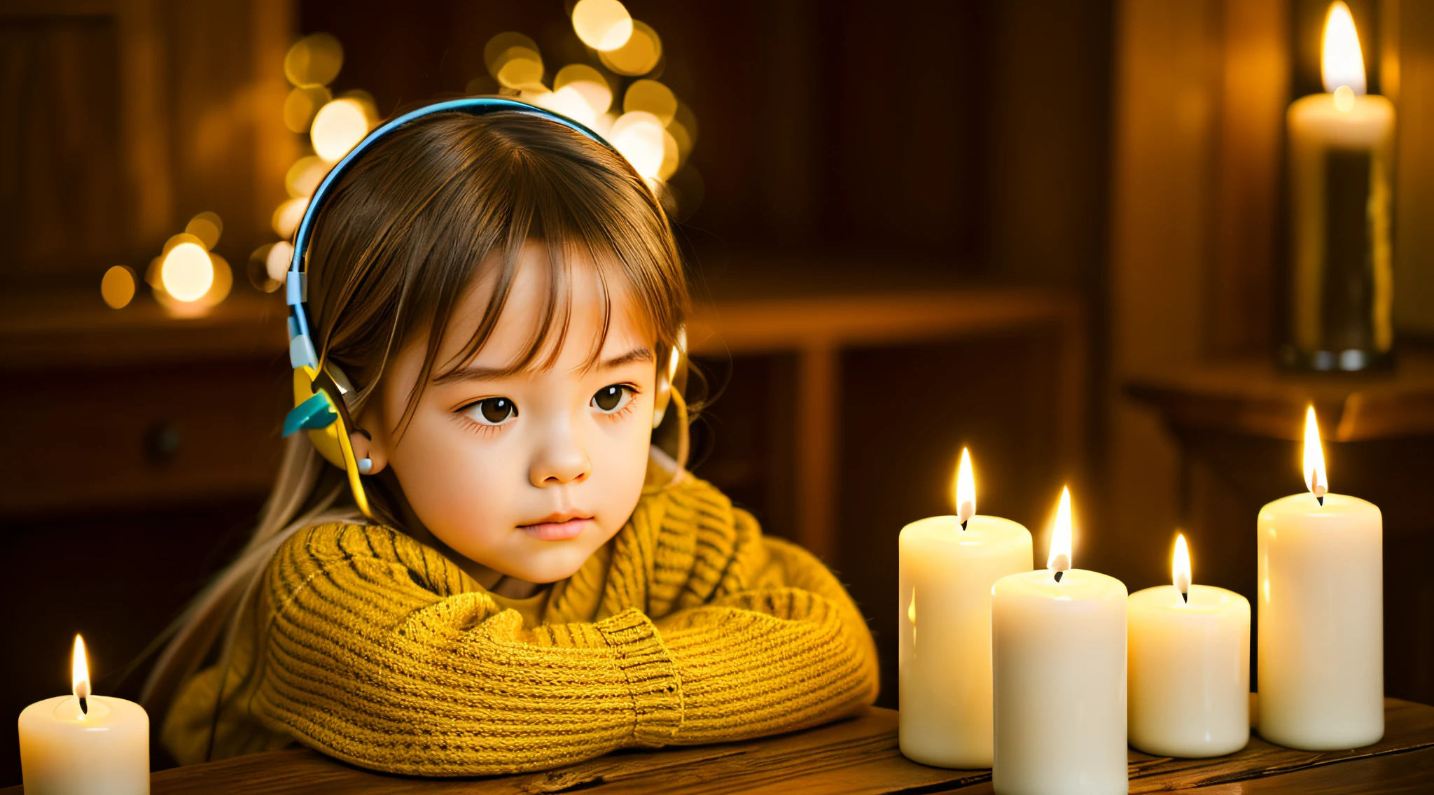 CHILD girl with long BLONDE hair wearing a YELLOW sweater and muffled black ears. AND CANDLES LIT.