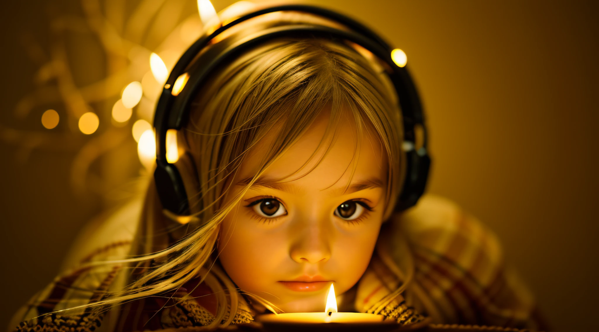 CHILD girl with long BLONDE hair wearing a YELLOW sweater and muffled black ears. AND CANDLES LIT.