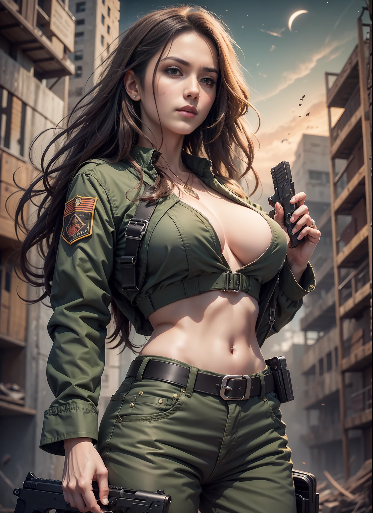 Movie poster, big chest woman, long hair, dark green pants, 1 black belt, holster with pistol, just one body, front view, ruins, night