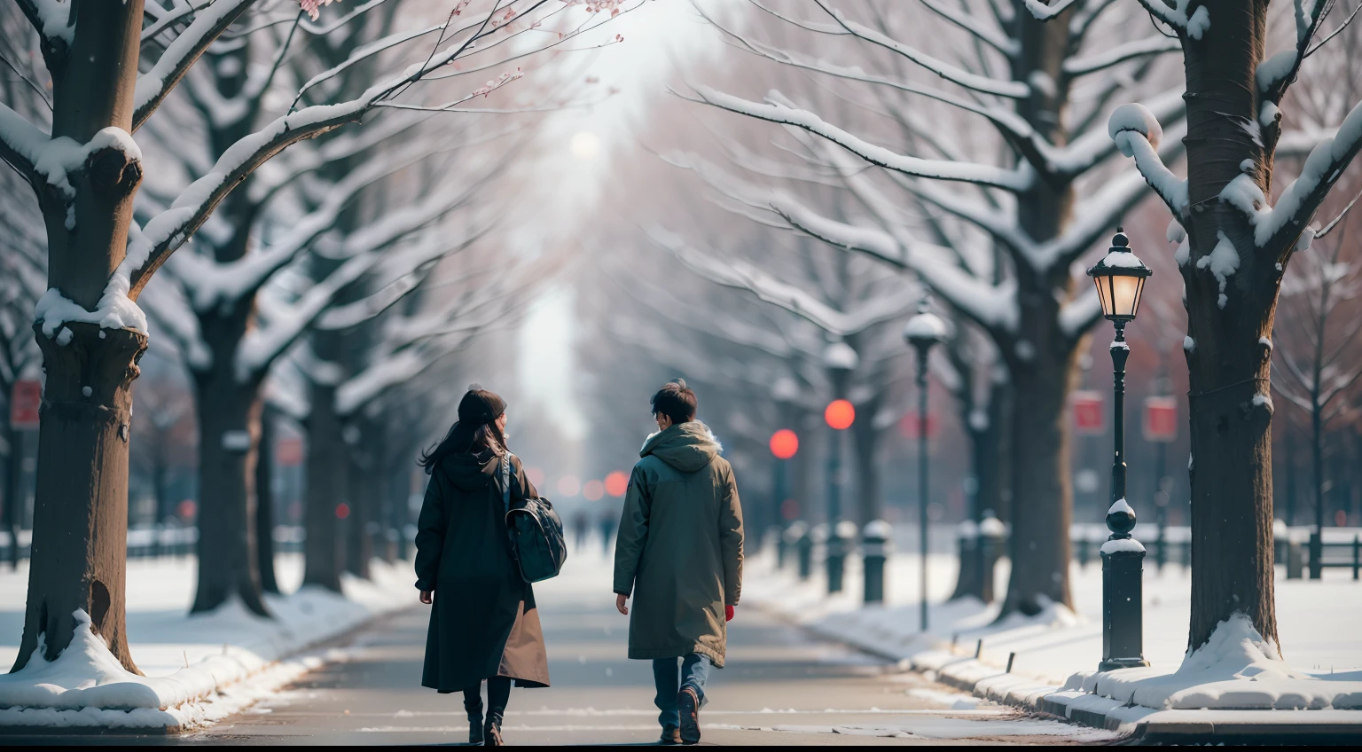 Create an image of two Korean friends, strolling in the park, in winter