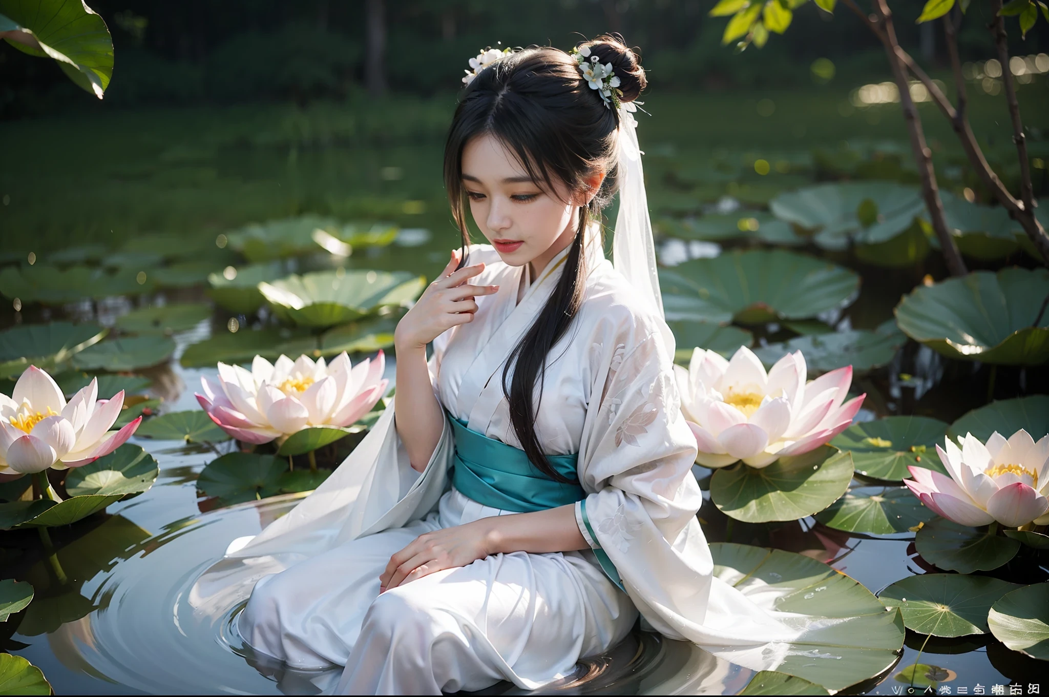 realistic, big vista, wide-angle lens, intricate details, super detailed, natural skin texture, 1 girl, hair bundle, bun, beautiful chinese woman in white hanfu robe cloak, fairy, white mist, golden light, white mist, outdoors, on the shore of Hangzhou West Lake, next to the lotus pond, (colorful, vivid, sunny, cool light: 1.2) lotus leaves in the pond, delicate facial details, dynamic poses, exquisite details, wide view, epic details, global illumination - ar 3:2 - q 5 - V 5.1 - Style RAW-S 750, style influenced by ancient Chinese art, complex, high detail, sharp focus, dramatic, photorealistic painting art, lotus leaf, spring rain, bright, light, atmospheric, bright tones of spring, super detail, 16k, best quality, soft light, space, crystal clear, natural light, surreal photography,