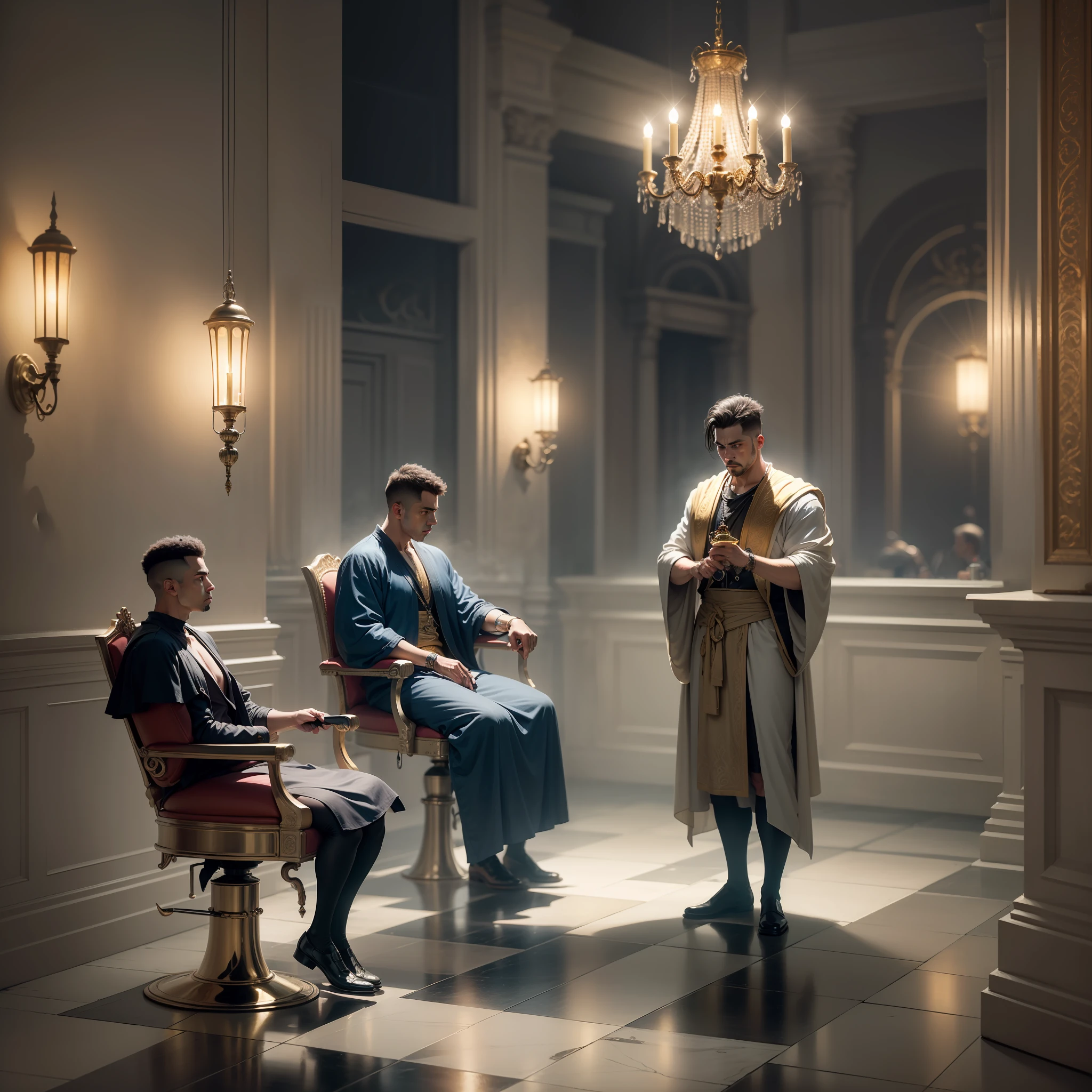 Picture a dark, atmospheric barbershop, where Greek gods are the patrons. The barbershop is filled with ancient Greek elements, like marble columns, golden mirrors, and a barber chair resembling a throne. The gods, in their majestic attire, are being attended to by barbers who are lesser deities themselves. The medium is photo hyper-realism, with a style that combines the grandeur of Greek mythology with the somber tones of a Caravaggio painting. The lighting is low and dramatic, with a single oil lamp casting long, ominous shadows and highlighting the gods' powerful features. The colors are deep and rich, with a palette dominated by blacks, golds, and the dark blues of the gods' robes. The composition is a wide shot, taken with a 24mm lens, capturing the entire barbershop with the gods at the center, creating a sense of depth and grandeur. The image is highly detailed, high-resolution 16k, with a high contrast and a grainy texture to add to the dark, somber atmosphere. --ar 16:9 --v 5.1 --style raw --q 2 --s 750