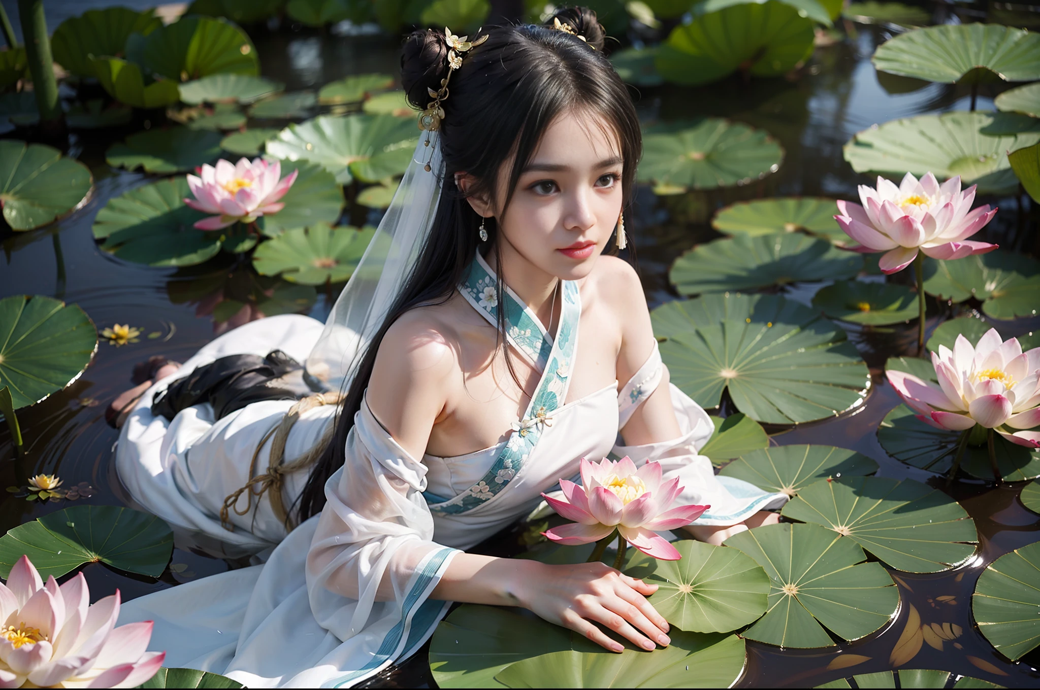 realistic, big vista, wide-angle lens, intricate details, super detailed, natural skin texture, 1 girl, hair bundle, bun, beautiful chinese woman in white hanfu robe cloak, fairy, white mist, golden light, white mist, outdoors, on the shore of Hangzhou West Lake, next to the lotus pond, (colorful, vivid, sunny, cool light: 1.2) lotus leaves in the pond, delicate facial details, dynamic poses, exquisite details, wide view, epic details, global illumination - ar 3:2 - q 5 - V 5.1 - Style RAW-S 750, style influenced by ancient Chinese art, complex, high detail, sharp focus, dramatic, photorealistic painting art, lotus leaf, spring rain, bright, light, atmospheric, bright tones of spring, super detail, 16k, best quality, soft light, space, crystal clear, natural light, surreal photography,