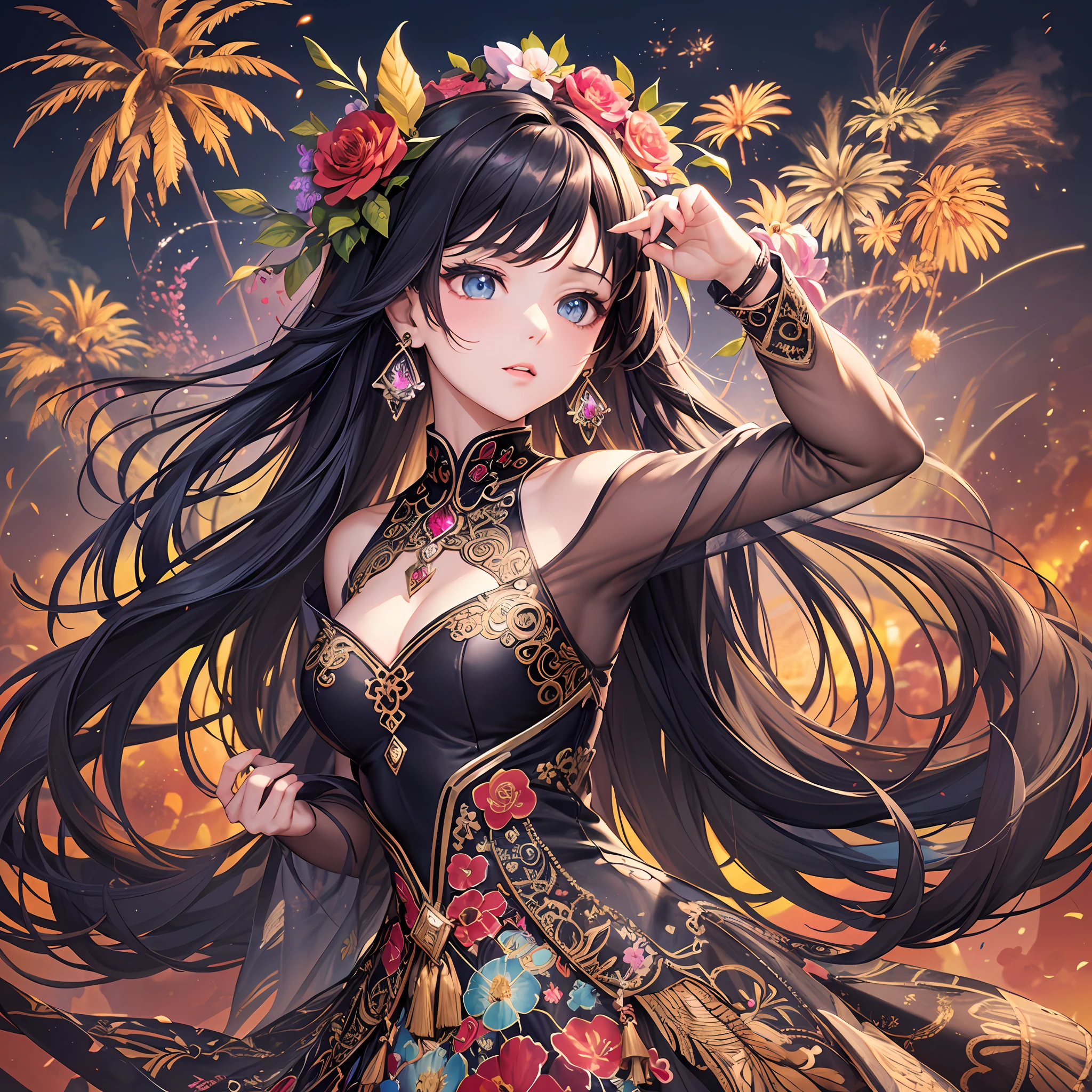 (Masterpiece, Top Quality, Best Quality, Official Art, Beautiful and Aesthetic: 1.2), (1 Girl: 1.3), Black, Very Detailed, (Fractal Art: 1.1), (Colorful: 1.1) (Flower: 1.3), Best Detailed, (Zentangle: 1.2), Sleeves of a Long Dress, (Abstract Background: 1.3), (Shiny Skin), (Many Colors: 1.4), (Earrings), (Wind: 1.3), Jewelry, Long Hair, Wrapped in light, detailed background, phoenix dress, panda ears, flowers, vivid eyes, fireworks