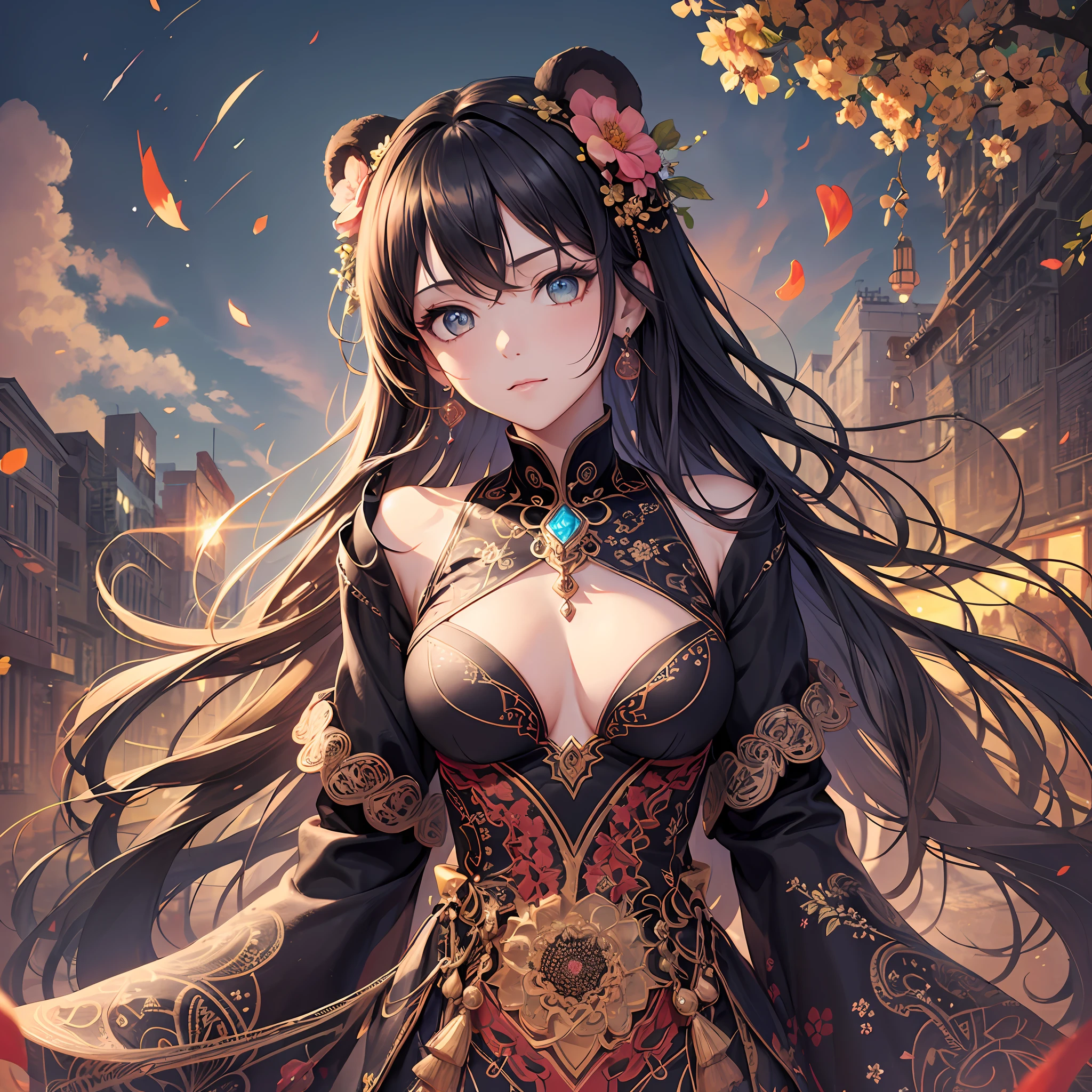 (Masterpiece, Top Quality, Best Quality, Official Art, Beautiful and Aesthetic: 1.2), (1 Girl: 1.3), Black, Very Detailed, (Fractal Art: 1.1), (Colorful: 1.1) (Flower: 1.3), Best Detailed, (Zentangle: 1.2), Sleeves of a Long Dress, (Abstract Background: 1.3), (Shiny Skin), (Many Colors: 1.4), (Earrings), (Wind: 1.3), Jewelry, Long Hair, Wrapped in light, detailed background, phoenix dress, panda ears, flowers, vivid eyes, fireworks