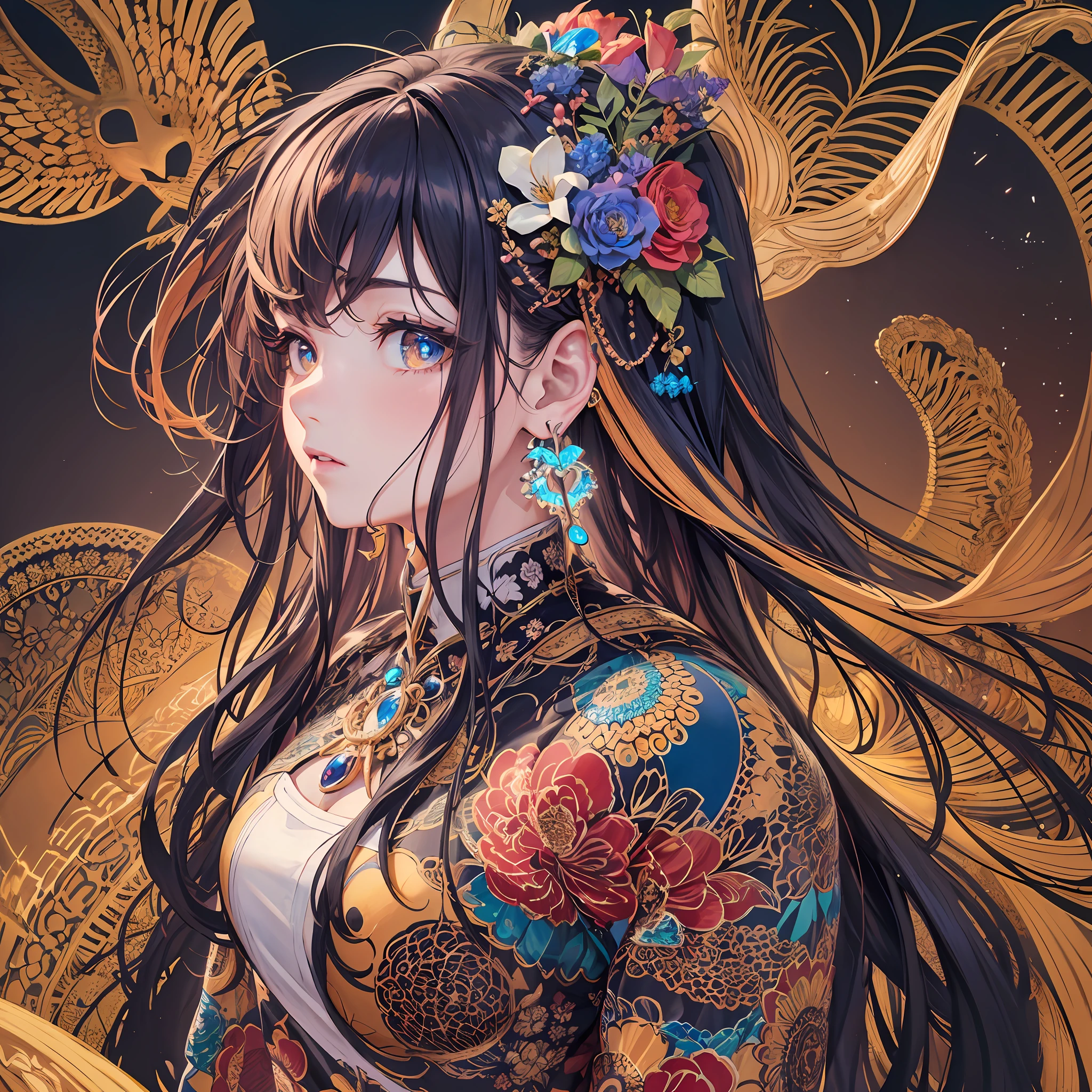 (Masterpiece, Top Quality, Best Quality, Official Art, Beautiful and Aesthetic: 1.2), (1 Girl: 1.3), Black, Very Detailed, (Fractal Art: 1.1), (Colorful: 1.1) (Flower: 1.3), Best Detailed, (Zentangle: 1.2), Sleeves of a Long Dress, (Abstract Background: 1.3), (Shiny Skin), (Many Colors: 1.4), (Earrings), (Wind: 1.3), Jewelry, Long Hair, Wrapped in light, detailed background, phoenix dress, panda ears, flowers, vivid eyes, fireworks