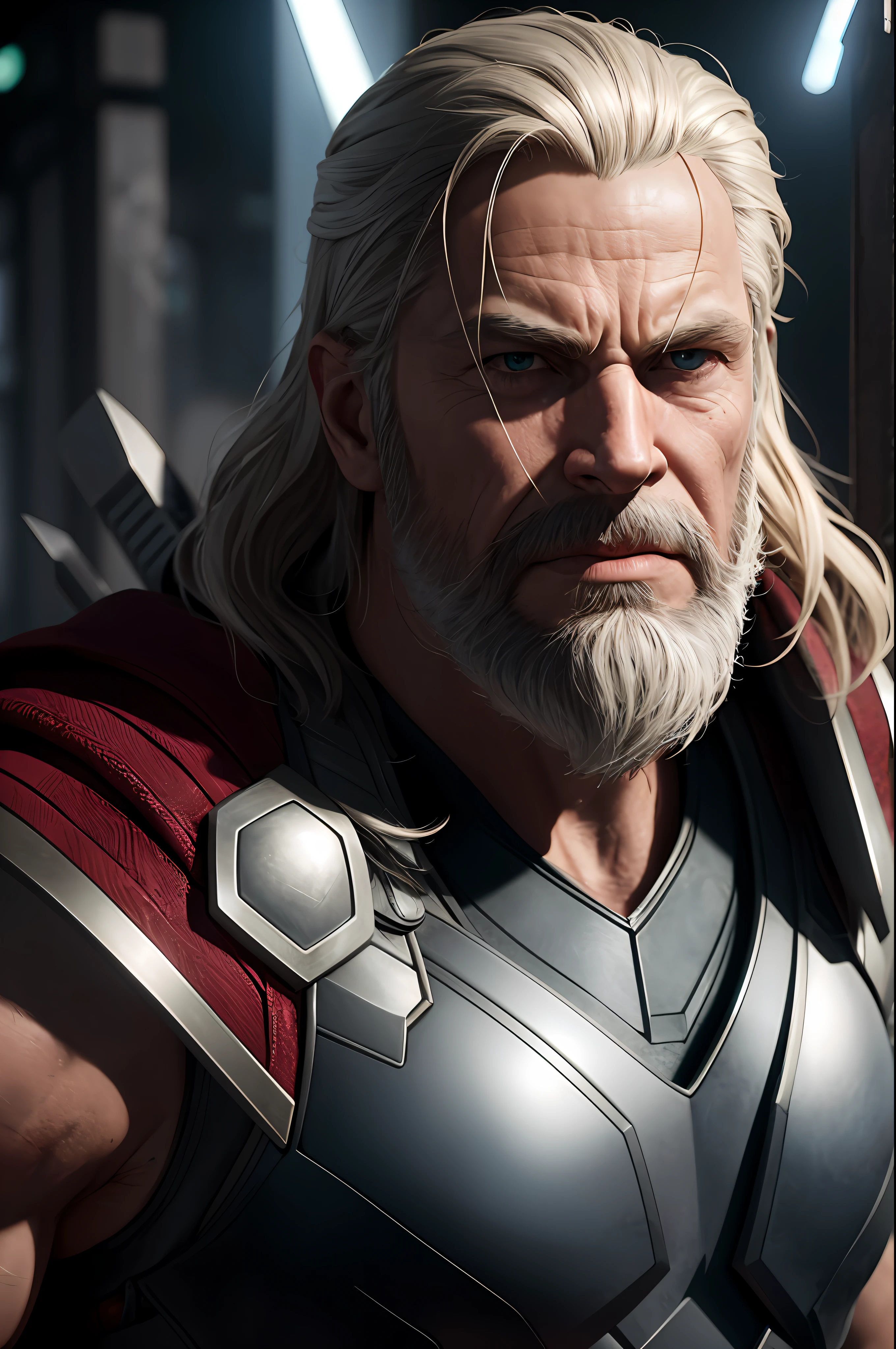 Marvel, Old man Thor , realistically, dynamic lights, old, gray stubble, full shoot, (extremely detailed CG unity 8k wallpaper), trending on ArtStation, trending on CGSociety, High Detail, Sharp focus, dramatic, photorealistic