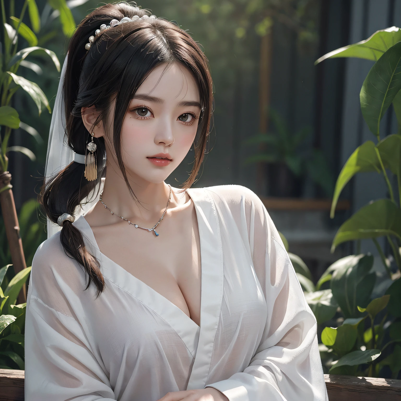 a closeup of a woman with a sword in a sexy white dress, a character portrait by Yang J, trend in cgsociety, fantasy art, beautiful character painting, guweiz-style art, guweiz, white hanfu, flowing white robes, full-body wuxia, exquisite epic character art, stunning character art, beautiful female assassin --auto