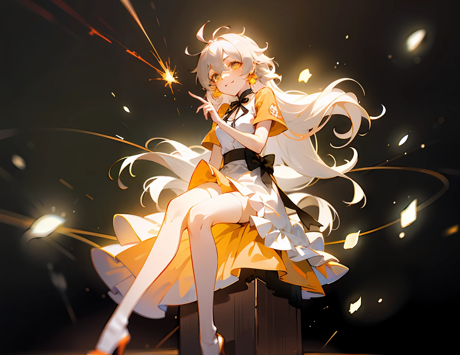 Anime Female, Seated, Official Art, Yellow Light Magic, 21charturnerv2, Charturnbetalora, Shinkai Makoto, Kimi No na Wa., (Fantasy: 1.4), (Orange-Yellow Eyes: 1.233), Her Eyes Shining Like Dreamy Stars, (Glowing Eyes: 1.233), (Beautiful and Delicate Eyes: 1.1), ((((Gray Hair)))), ((no dull hair)) (messy hair, very long hair, hair between the eyes, sideburns), (microcurls: 1.14), (orange short-sleeved shirt), ((glowing white apron))), (((black ribbon tied waist))), ((black bow tied on the right side of the waist)), choker, (miko thighhighs), (orange high heels)), (barelegs), (smile, shut up), dreamy, soul, ( fluorescent), [[Delicate Fingers and Hands: 0.55]::0.85], (Finger Detail), Full Body, White and Gold Motif, Inspired by Yang J, Inspired by Luma Rouge, Kagamine rin, Flowing, Yellow Light Spell, Some Chaotic Sparks, in Glow Style