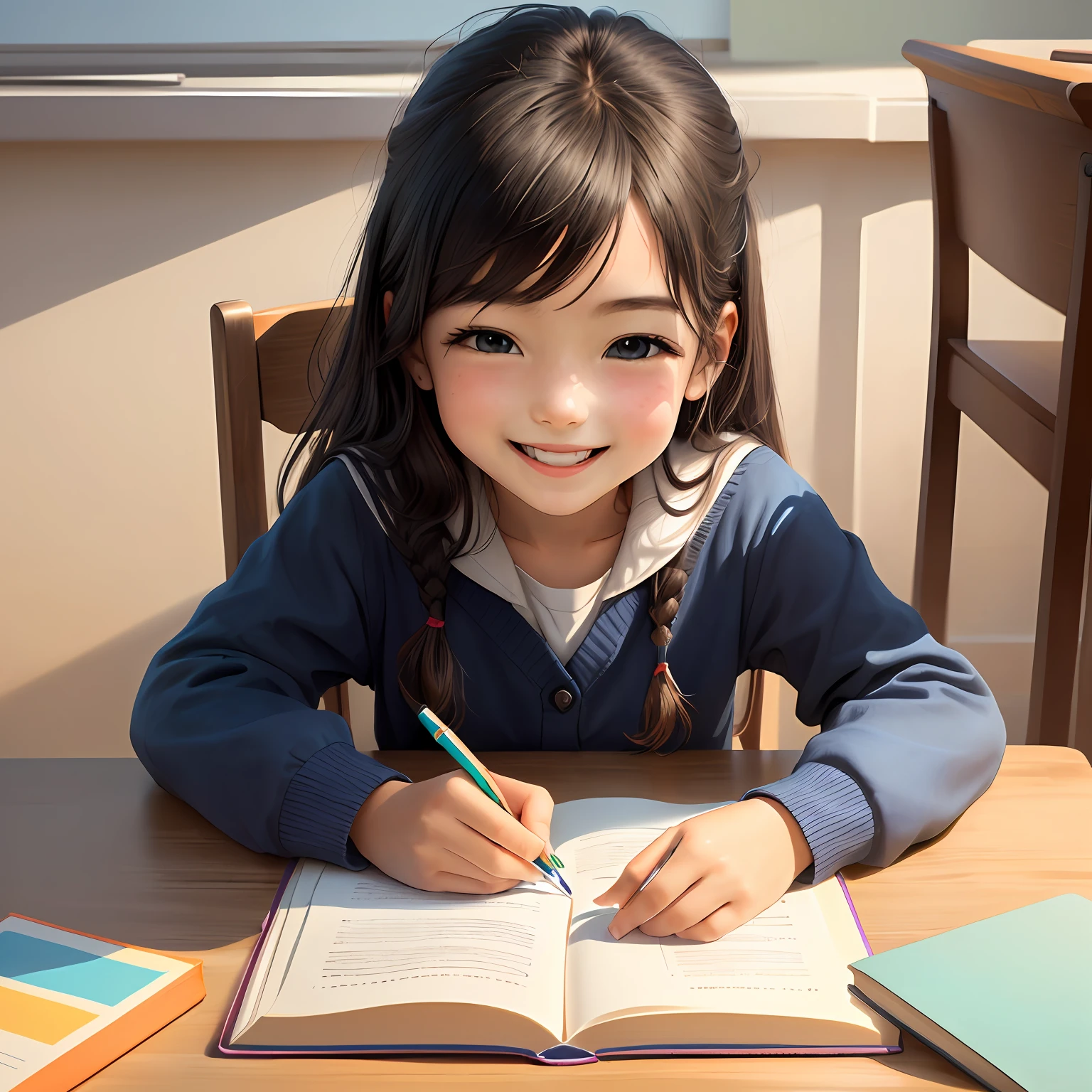 Child studying with a happy face.