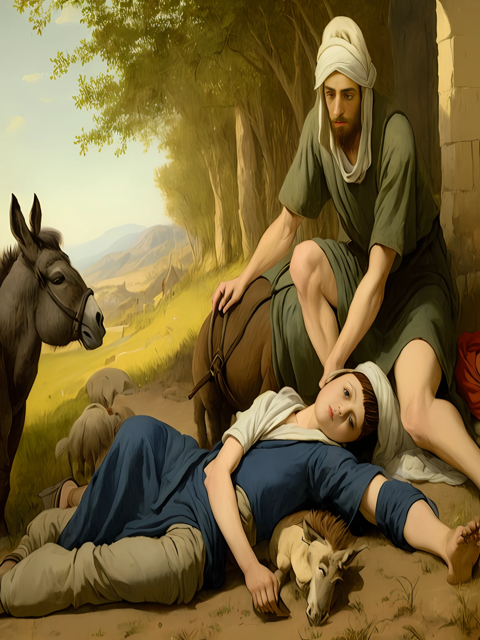 a painting of good Samaritan, is lying on the ground next to a donkey, biblical illustration, biblical image, epic biblical representation, biblical painting, beautiful representation, beautiful image, brutal representation, by Heinrich Bichler, absolutely remarkable image, see what you did, by Ernst, biblical art style,