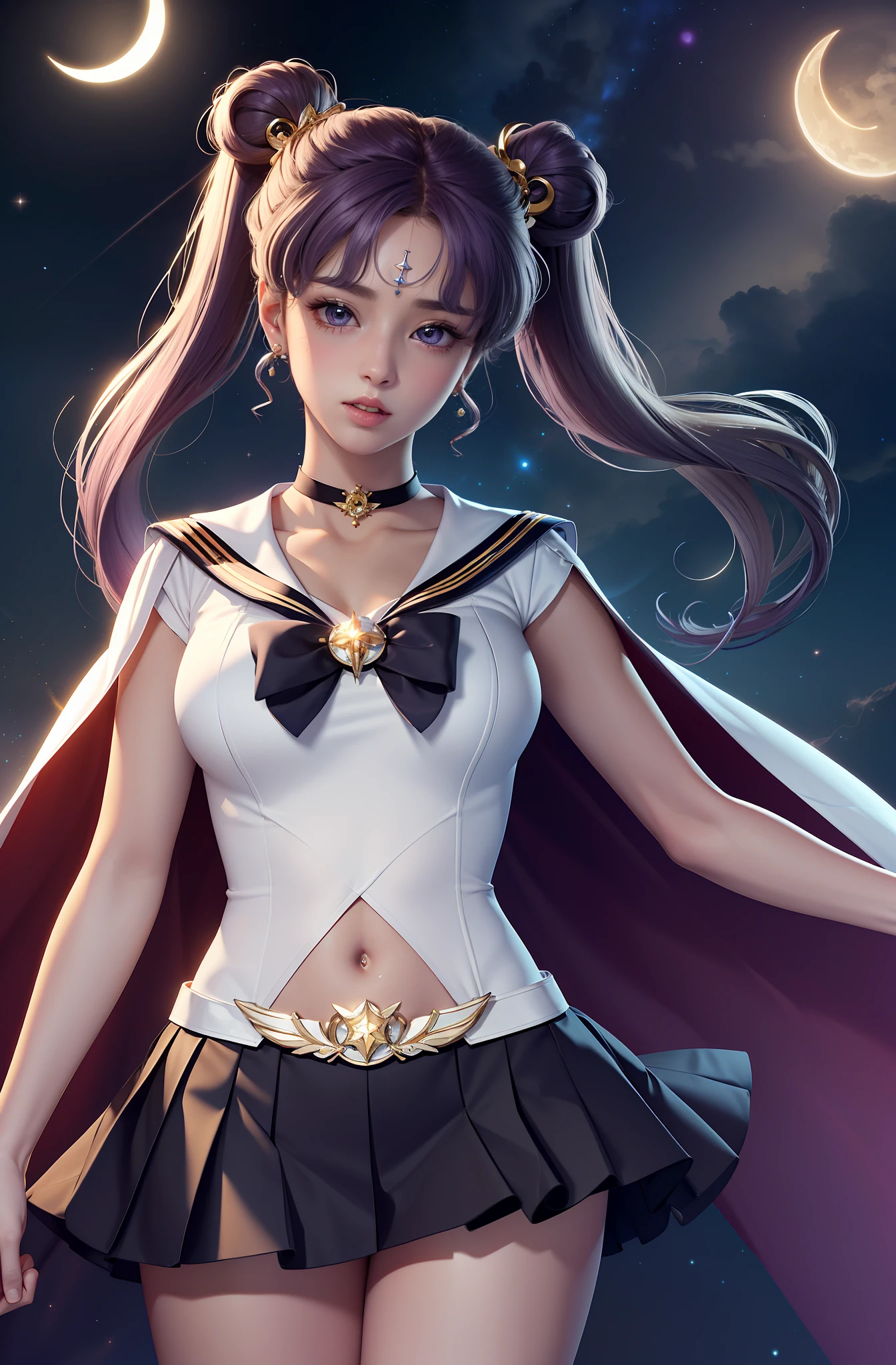 Photorealistic, (Hyper Realistic:1.2), (Highly detailed CG Unity 8k wallpaper), (Ultra detail), Masterpiece, Best quality, 1girl, Sailor Cosmos, Standing, Upper body, Solo, Long hair, Skirt, Hair ornament, Twin tails, Jewelry, Purple eyes, Purple hair, Pleated skirt, Earrings, Choker, Sailor color, Hairpan, Cape, Character Name, Double Pan, Face Mark, White Skirt, Brooch, White Sailor Color, Hairpin, Forehead Mark, White Choker, Sailor Senshi Uniform. Navel. Open chest. Big tits. Airborne particles. Universe. Crescent moon. Tattoo.