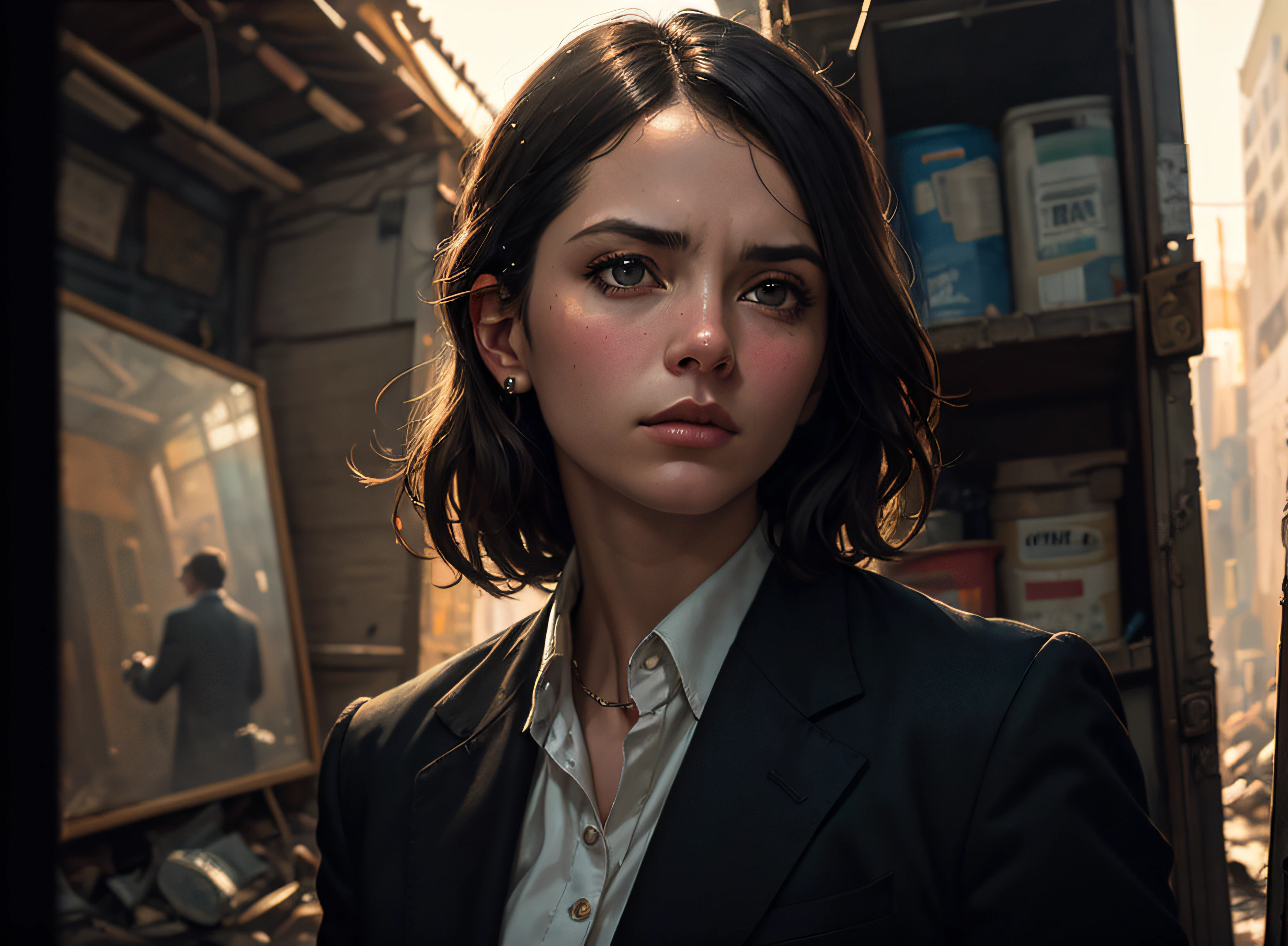 detailed clothes, (delicate illustration:1.4),(masterpiece:1.0), (best quality:1.4), (ultra highres:1.2), (photorealistic:1.4), (8k, RAW photo:1.2), (sharp focus:1.4), (renaissance art:1.4), detailed beautiful face, 1girl, (noir detective:1.2), tan skin, (fancy suit:1.1), fedora, smirk, (ultra detailed face and eyes:1.1), (album art:1.1), slum cyberpunk, frown, (slum old garage:1.1), (artpunk:1.0), unique pose, (trigun:1.1), (masterpiece:1.1), best quality, run-down, ultra high detail, (by antoine blanchard and casey baugh:1.1), (by zdzislaw beksinski:0.8), extremely intricate, extreme detail, raytracing, reflections, beautiful lighting, harsh lighting, watercolor, High Saturation Clarity Contrast, deep levels, sharp, retouched, color graded, soft lighting