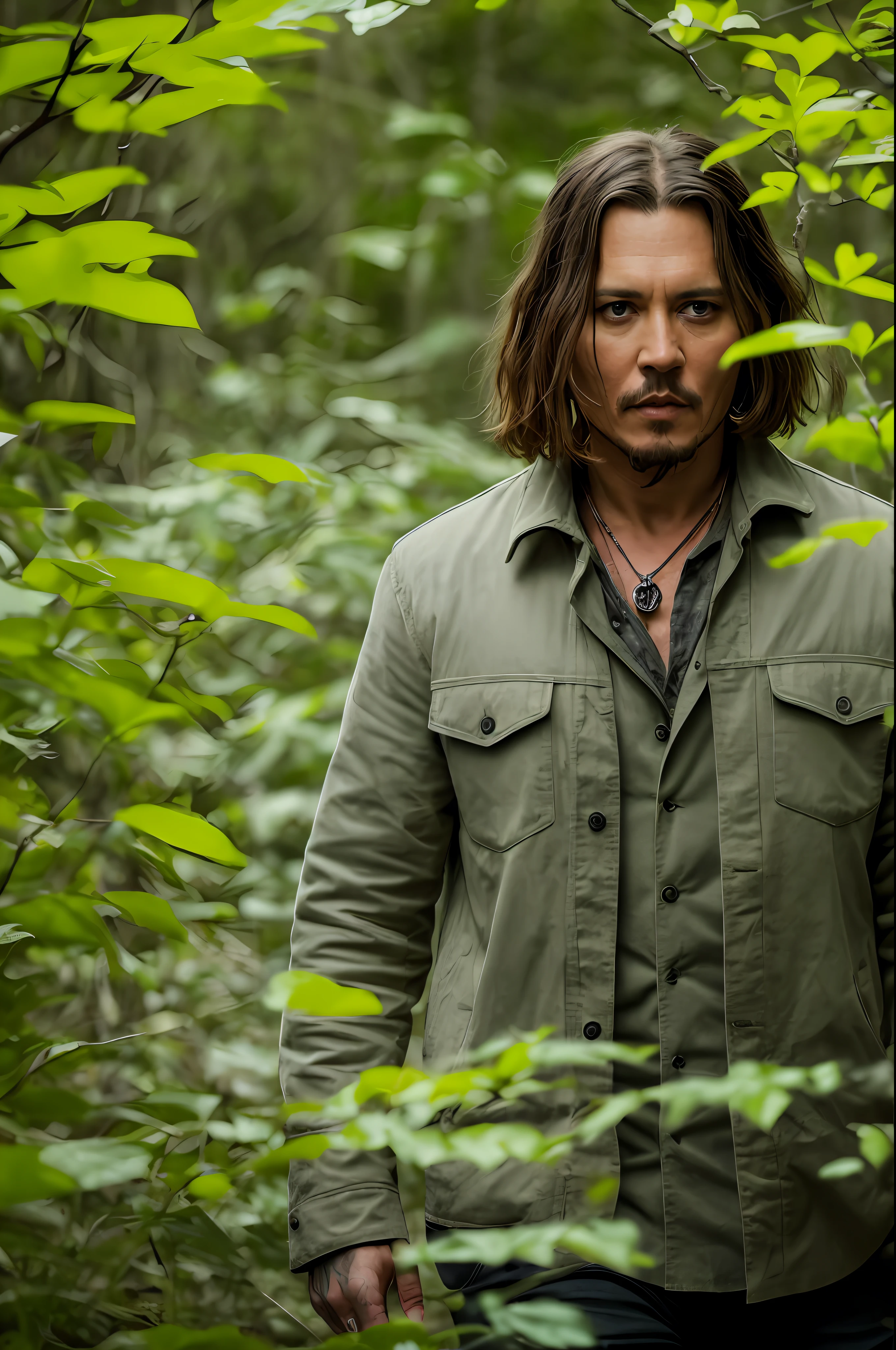 masterpiece, johnny depp walking through jungle at night among fireflies, (high detail:1 1), rough face, natural skin, high quality, nsfw, beautiful eyes, (detailed face and eyes), (face: 1 2), noise, extra, real photo, PSD, lamp film photography, sharp focus, contrast lighting, detailed skin, high resolution 8k, crazy detail, realistic, professional photography, 8k UHD, SLR camera, soft lighting, high quality, film grain, Fujifilm XT3