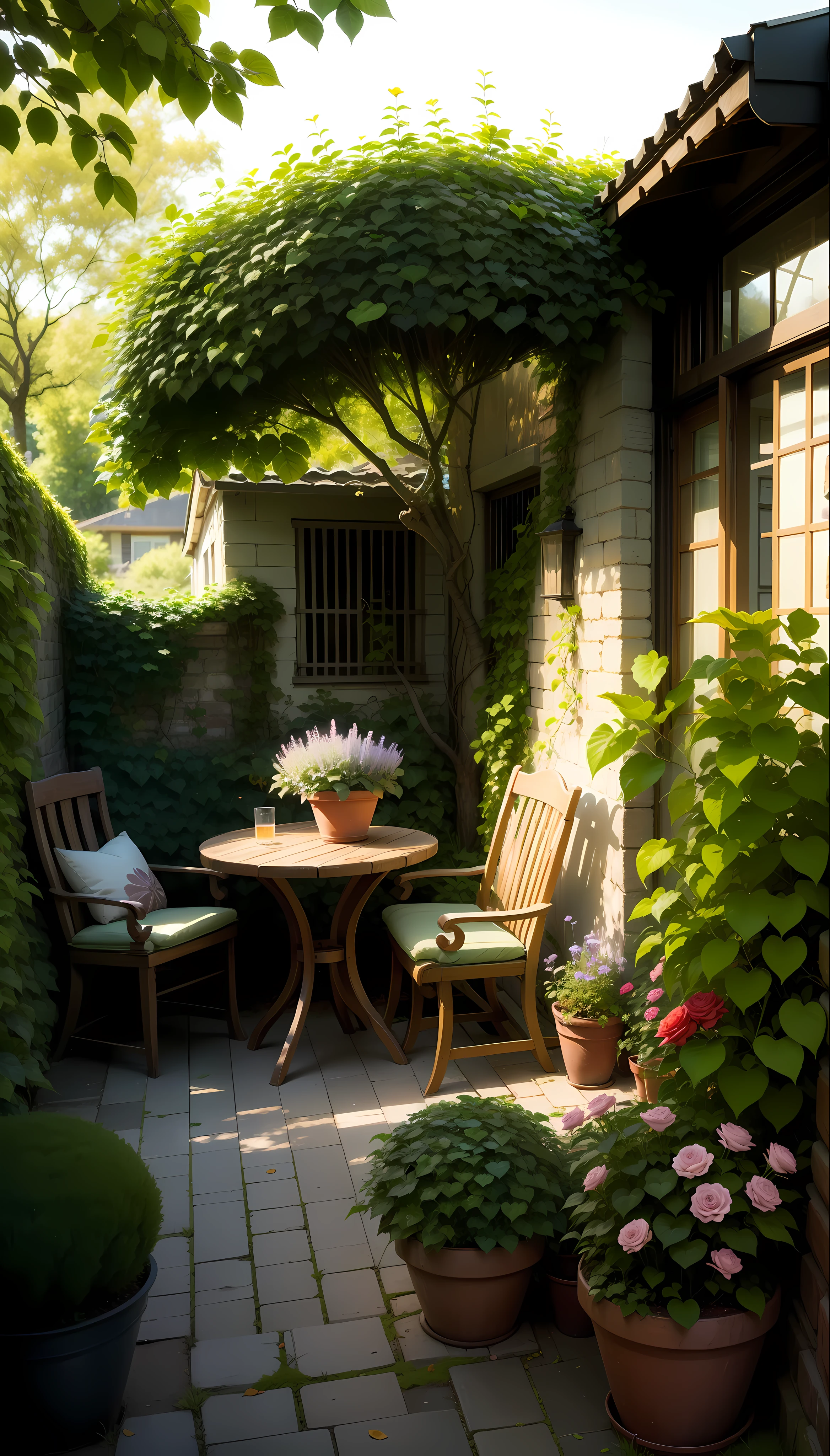 Sofa, round table in the middle, greenery, creeper, ivy, rose, season of the month clematis windmill jasmine triangle plum bulb