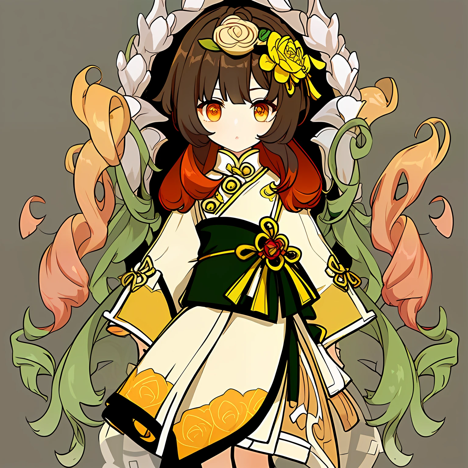 Genshin Avatar, (a girl with brown hair and orange eyes: 1.4), (no hat), short and medium hair, hair between the eyes, (((white silk coat a little yellow and yellow-green))), there is a cartoon girl wearing a short dark green skirt, (a pink lotus flower on the right side of the forehead), pink flowers and green leaves in her hair, full body adoptable, inspired by the master of Kanbun, non-binary god of spring, character adoptable, (light yellow ribbon tied around the waist), long and wide sleeves, Mihoyo art style, highly_detailed, portrait, (((masterpiece))), ((best quality))), (black_background:1.4), simple_background