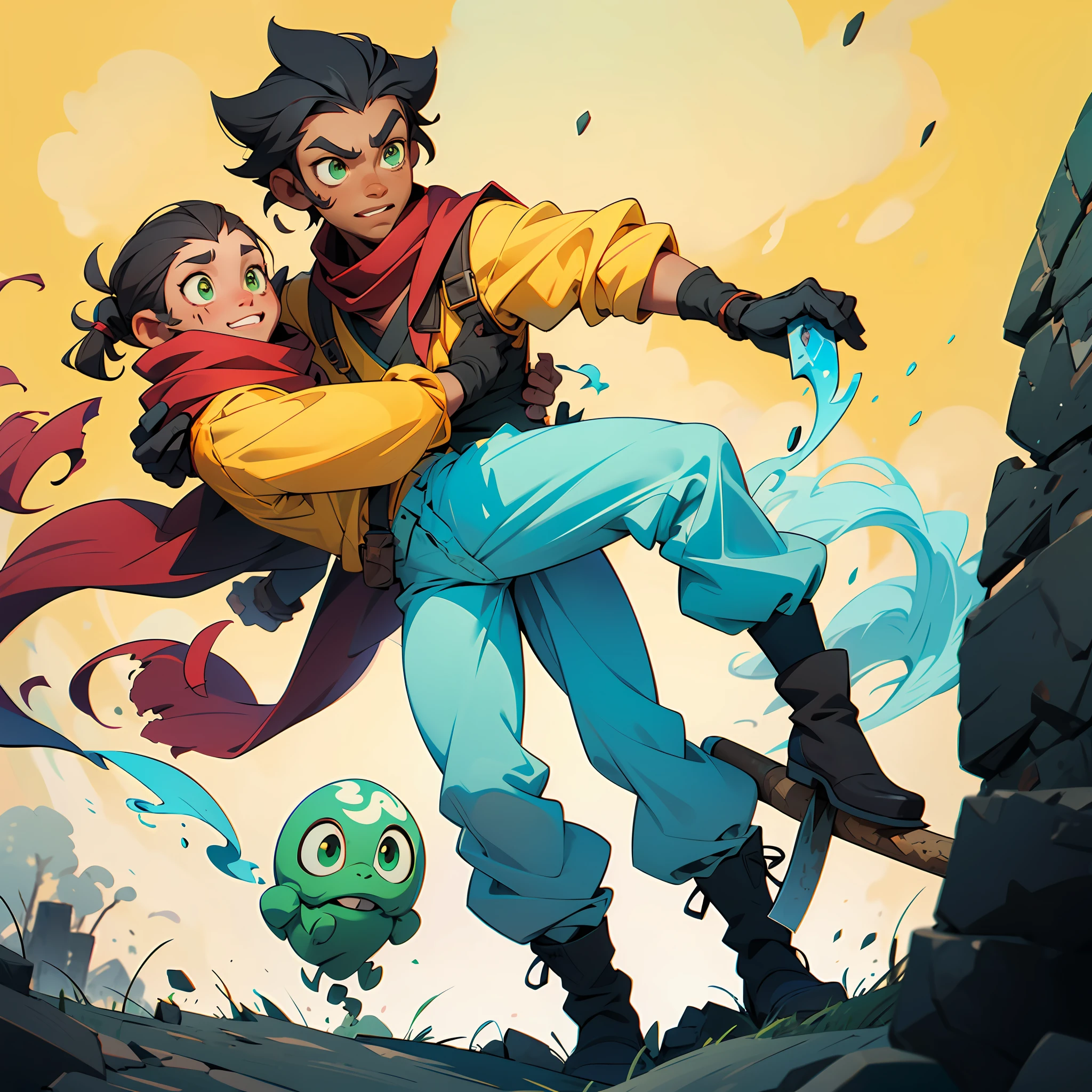A boy, tall, black hair, brown skin, green eyes, a scar on his left eye, blue pants, high black boots, red scarf, yellow shirt, high black gloves, young, carrying an axe, apocalyptic background, 2d anime, cartoon, comic --ToonYou