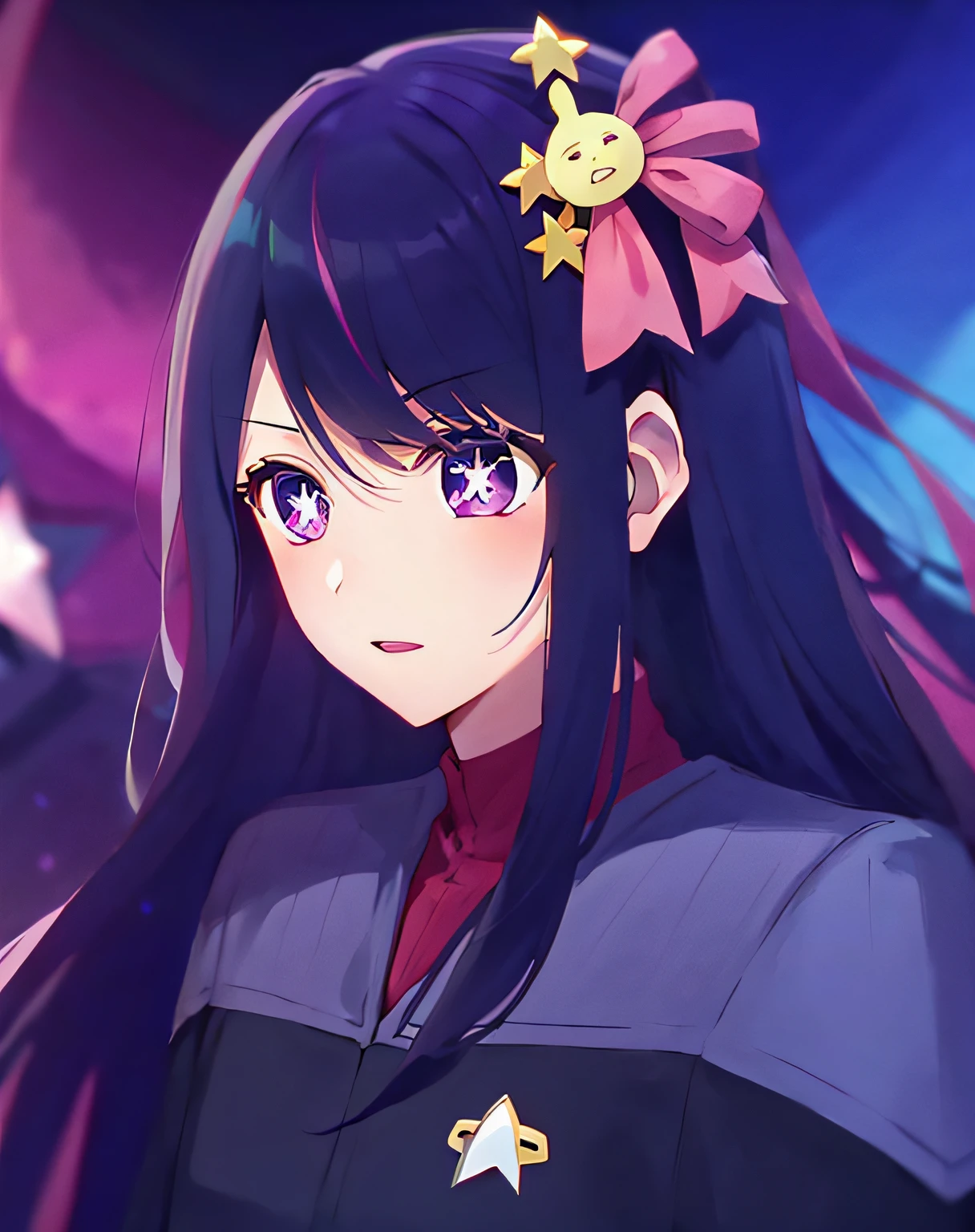 fullbody fullframe  Hoshino Ai, long hair, purple hair, streaked hair ,purple eyes, star-shaped pupils, hair ornament, klingon
forehead ridge
thick eyebrows
dark skin stash armour grumpy expressive emotions