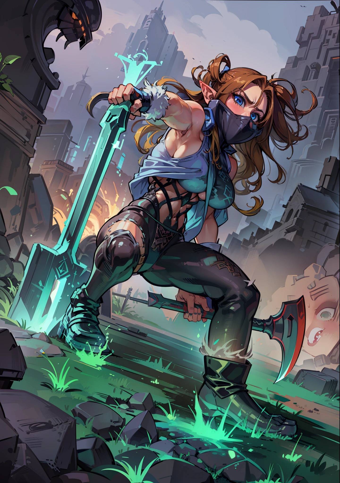 (((1girl))), long yellow hair, blue eyes, elf ear, large breasts, well made anime eyes, well made anime nose, serious expression, ((holding a pickaxe)), ((a shovel with the tip buried in the ground)), ((attacking a Creature))