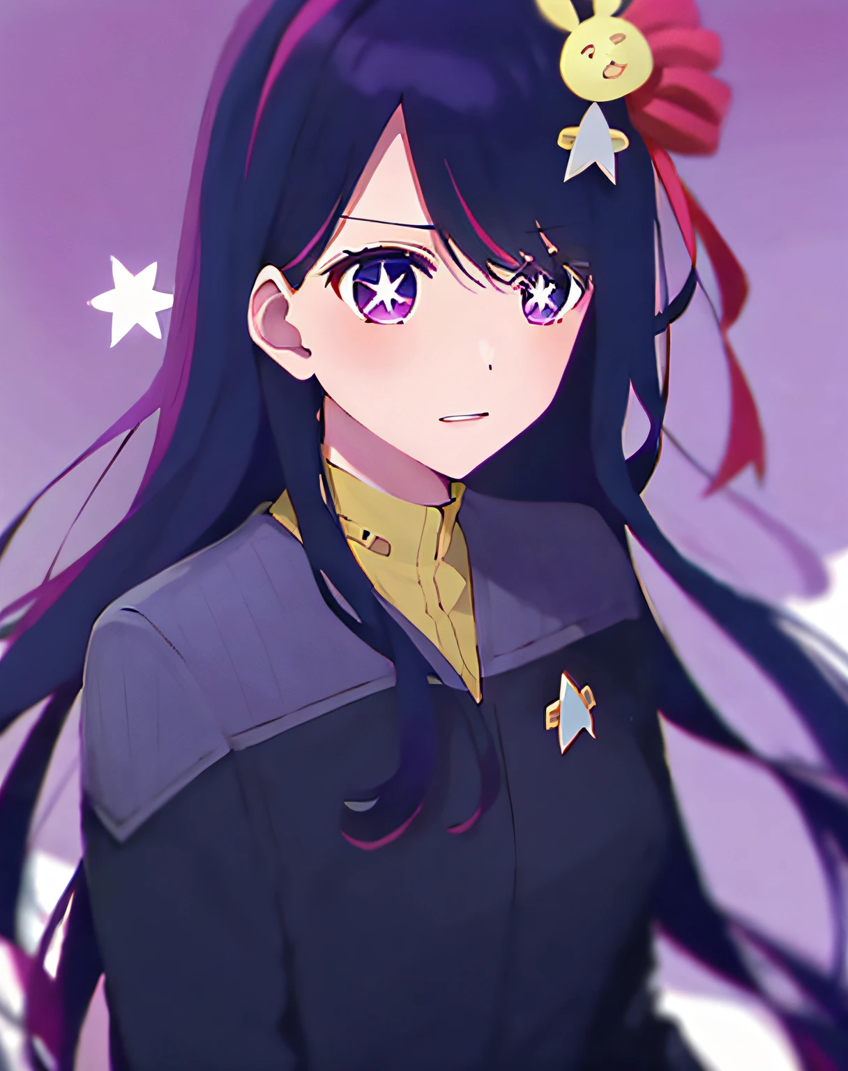 fullbody fullframe  Hoshino Ai, long hair, purple hair, streaked hair ,purple eyes, star-shaped pupils, hair ornament, klingon
forehead ridge
thick eyebrows
dark skin stash armour grumpy expressive emotions