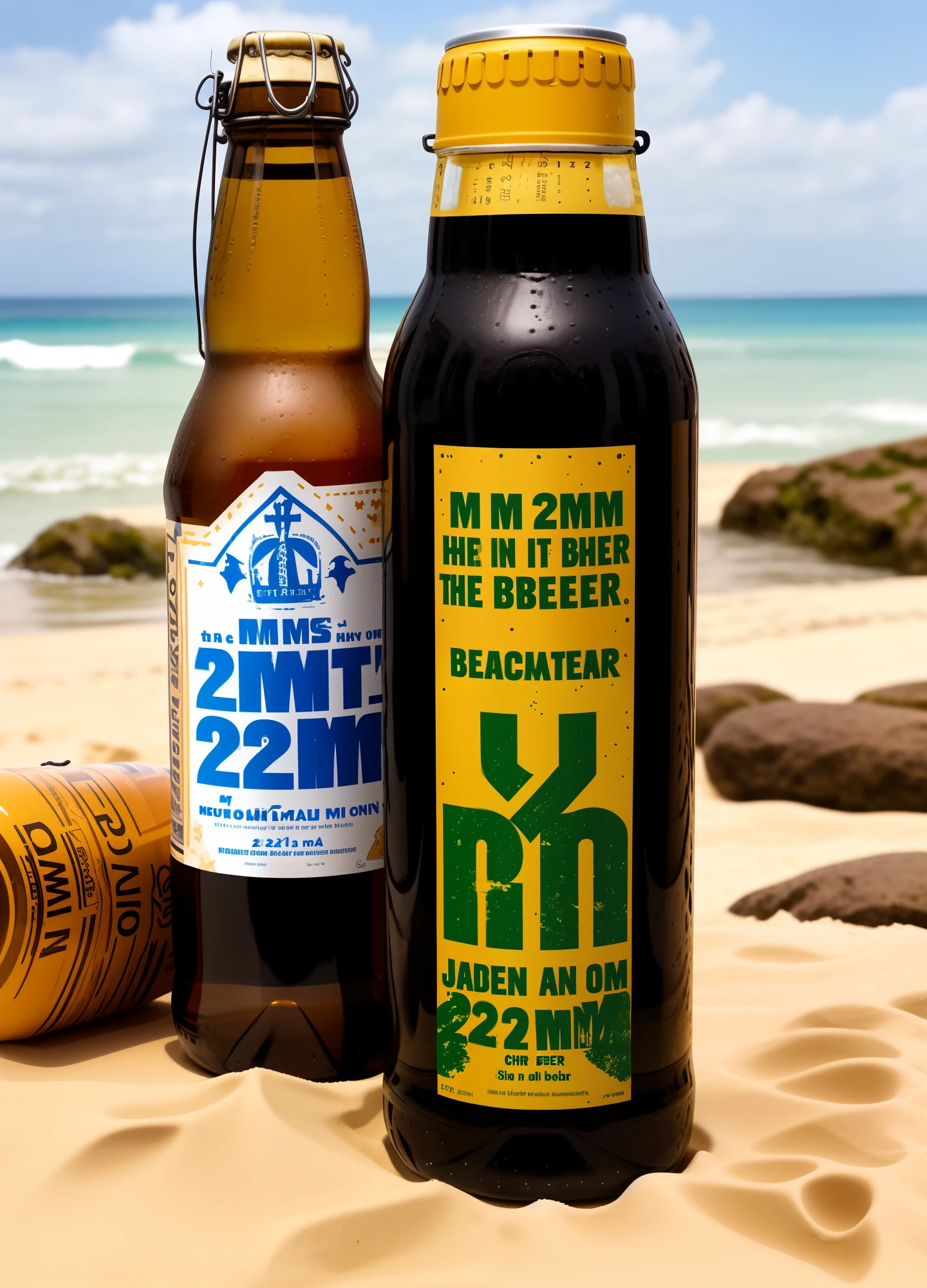 Jesus Christ in the 21st century with a bottle of 2M beer on the beach