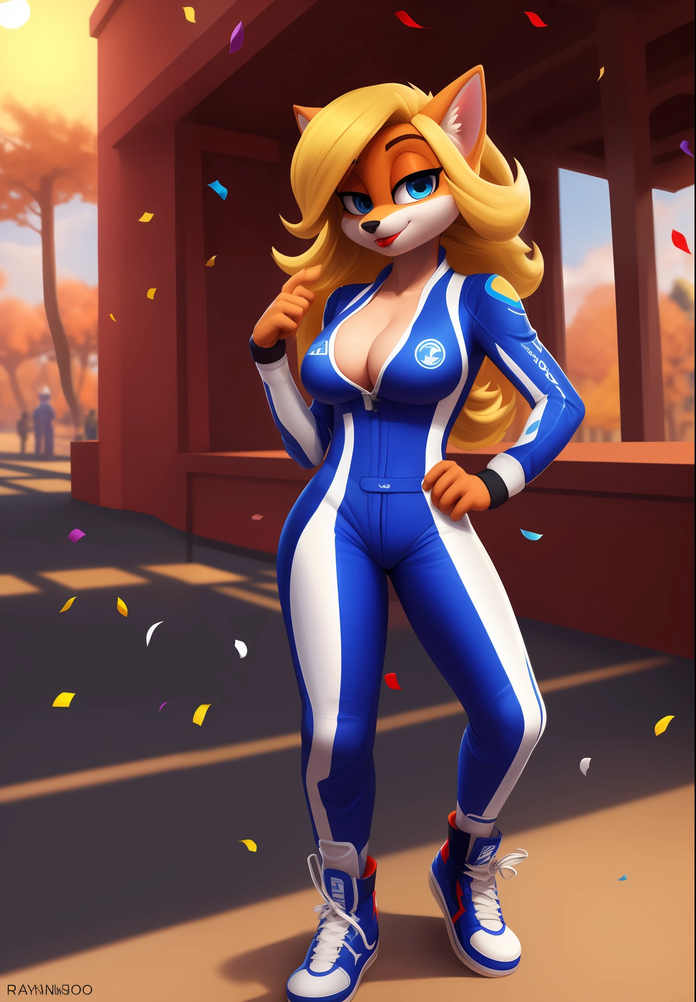 [Megumi_Bandicoot_(Crash Team Racing Nitro Fueled)], [Uploaded to e621.net; (Pixelsketcher), (wamudraws)], ((masterpiece)), ((solo portrait)), ((furry; anthro)), ((detailed fur)), ((raytracing)), ((detailed shading)), ((beautiful 3D art)), {anthro; (orange fur, black nose, (long curly blonde hair)), beautiful blue eyes, (bedroom eyes), (beautiful lips), (red lipstick), ((blue and white racing suit), cleavage, blue high top sneakers), (4 fingers)}, (standing), hands on chest, [background; park; (raceway, sun rays, confetti)]