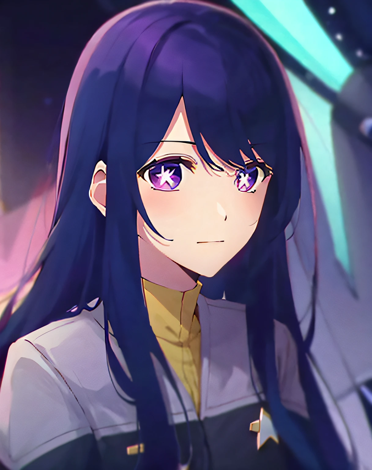 fullbody fullframe  Hoshino Ai, long hair, purple hair, streaked hair ,purple eyes, star-shaped pupils, hair ornament, klingon
forehead ridge
thick eyebrows
dark skin stash armour grumpy expressive emotions