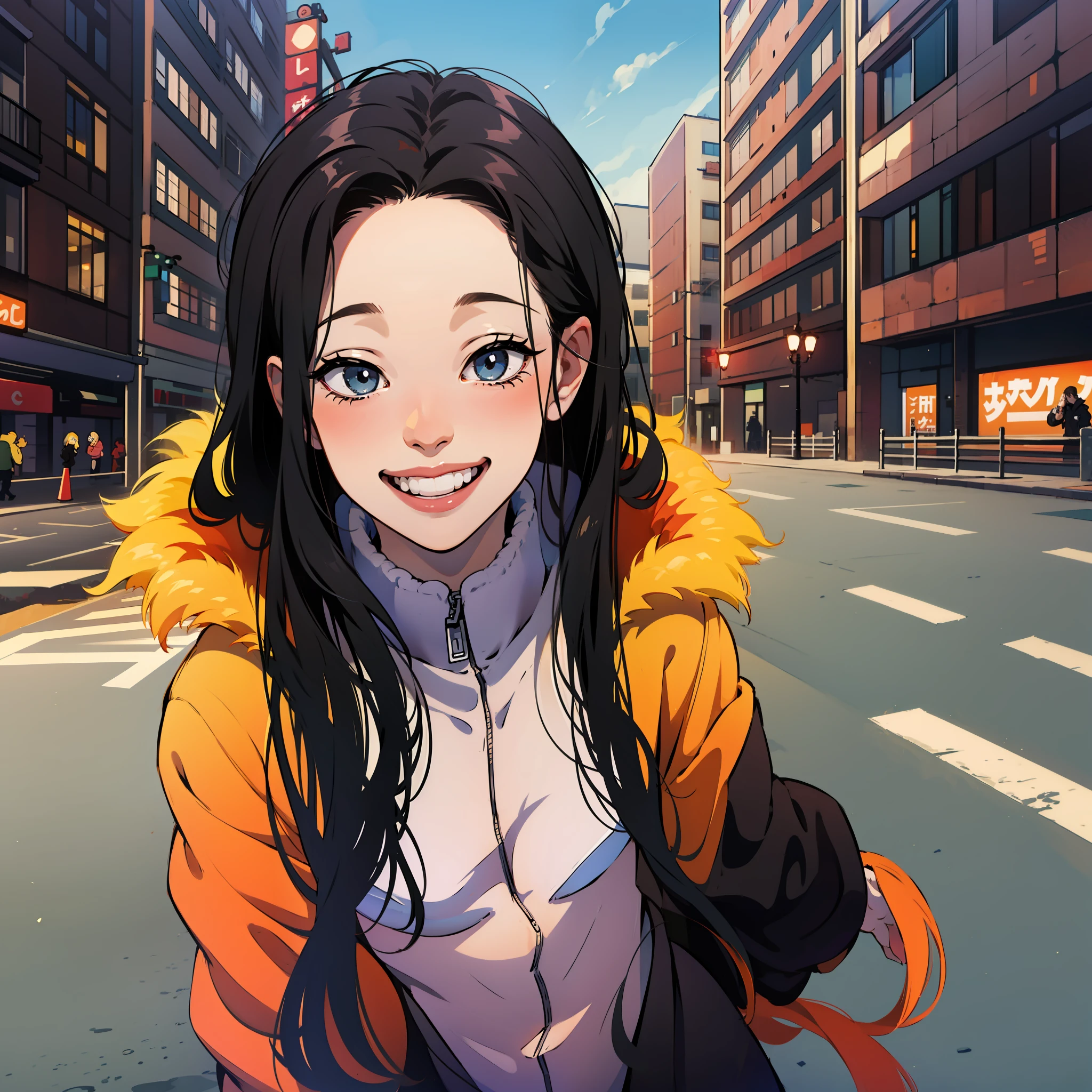 Kamado nesuko , long black hair, wearing a down jacket, standing, atreet , city background, laughing , happy expression