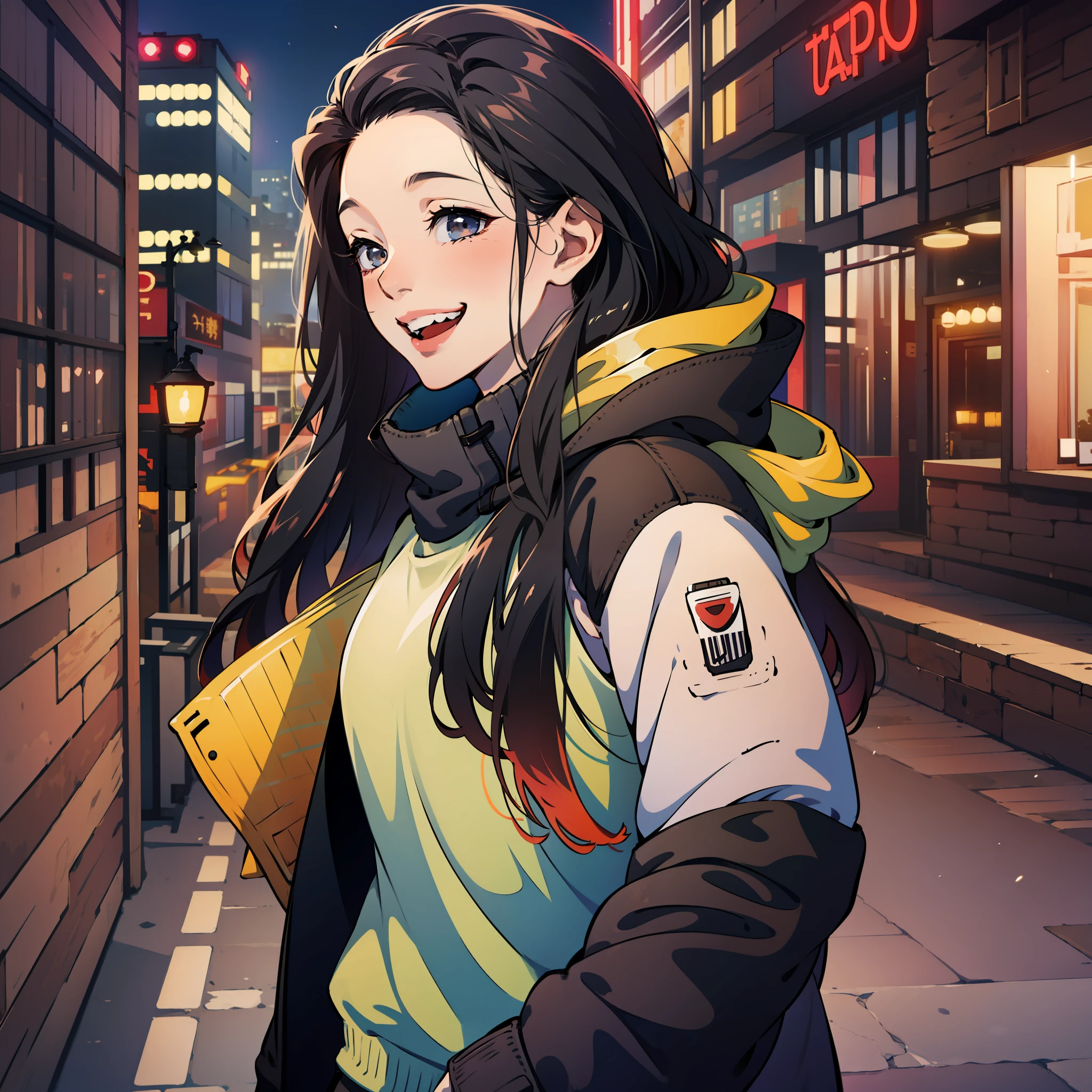 Kamado nesuko , long black hair, wearing a down jacket, standing, atreet , city background, laughing , happy expression