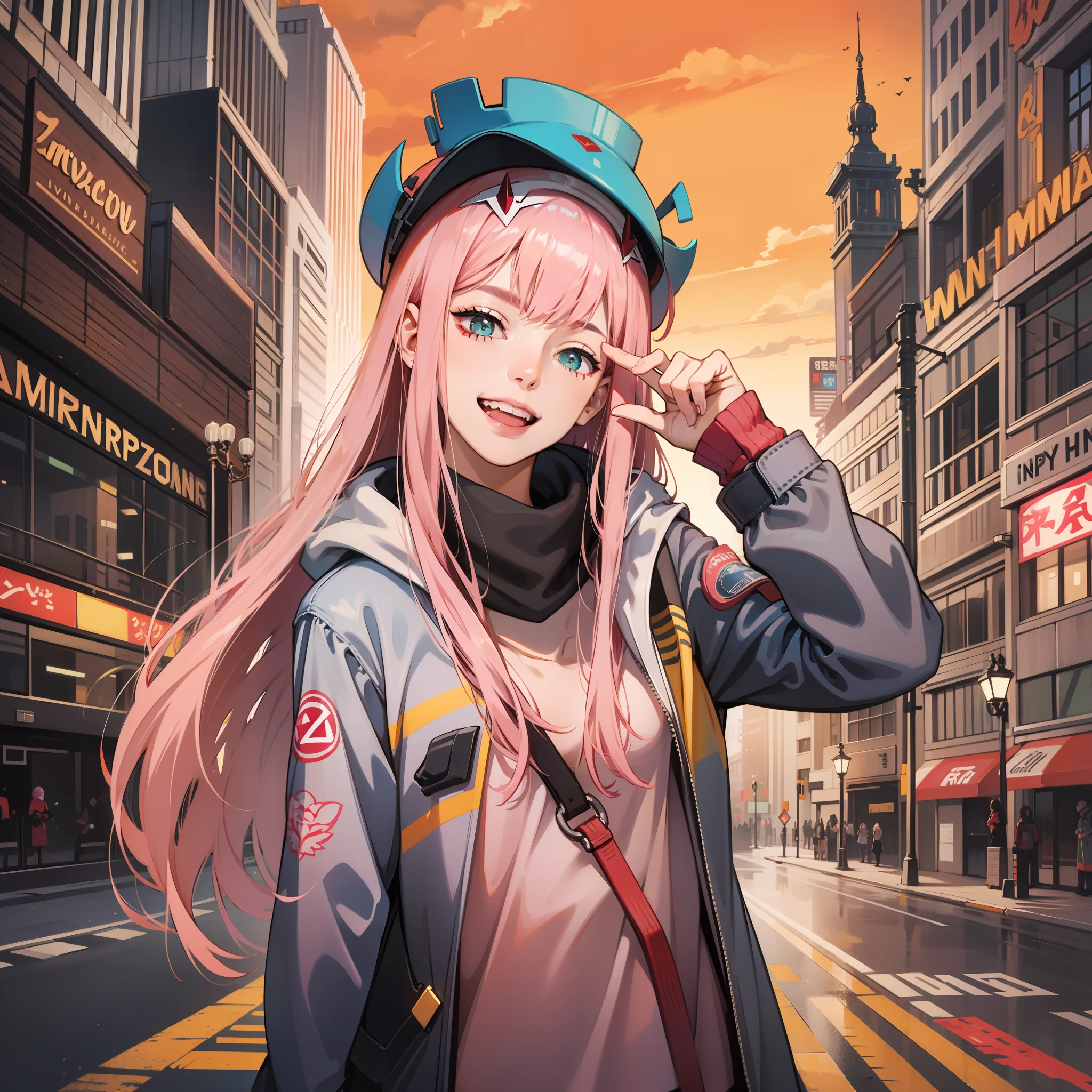 Zero two , long pink  hair, wearing a down jacket, standing, atreet , city background, laughing , happy expression , ultra details