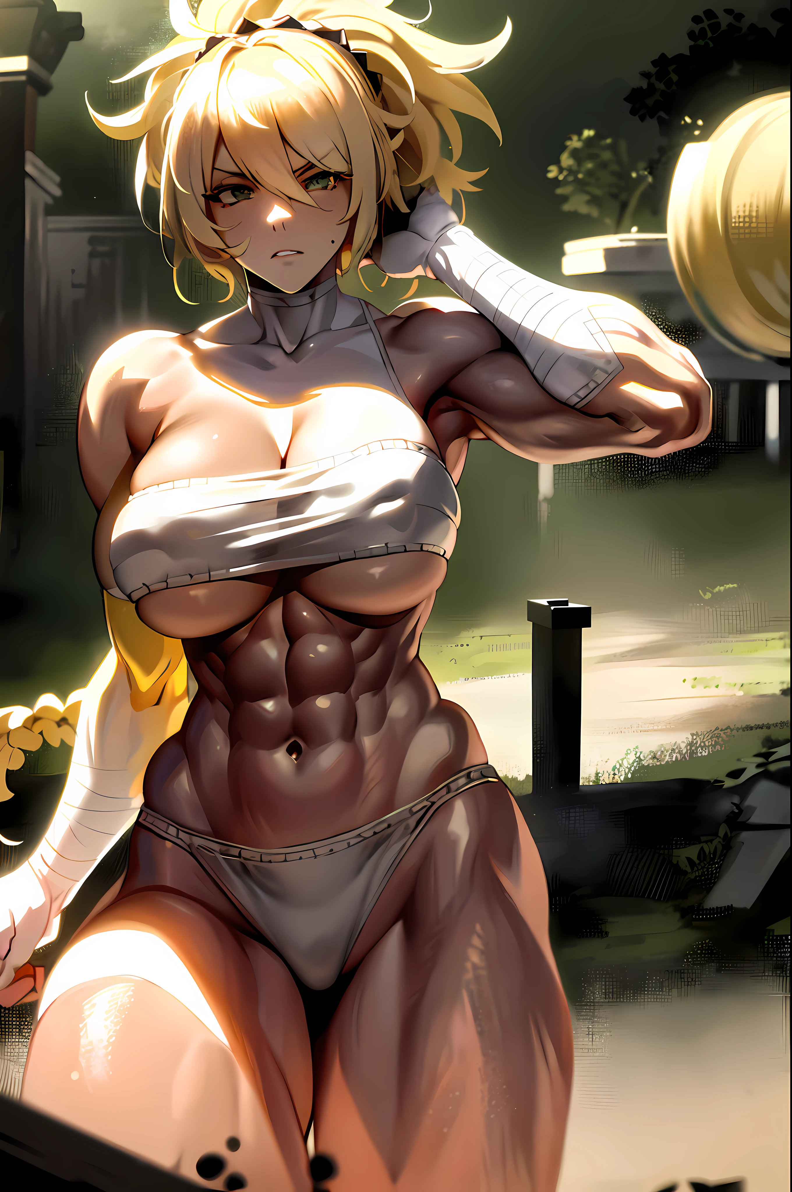 A2 nier, long yellow blonde hair, muscular, messy hair, big boobs, green eyes, standing up, sarashi white chest, sarashi, underboob, breasts bandages, arm bandages
(insanely detailed, beautiful detailed face, masterpiece, best quality) volumetric lighting, tone mapping, (looking disgusted), konosuba