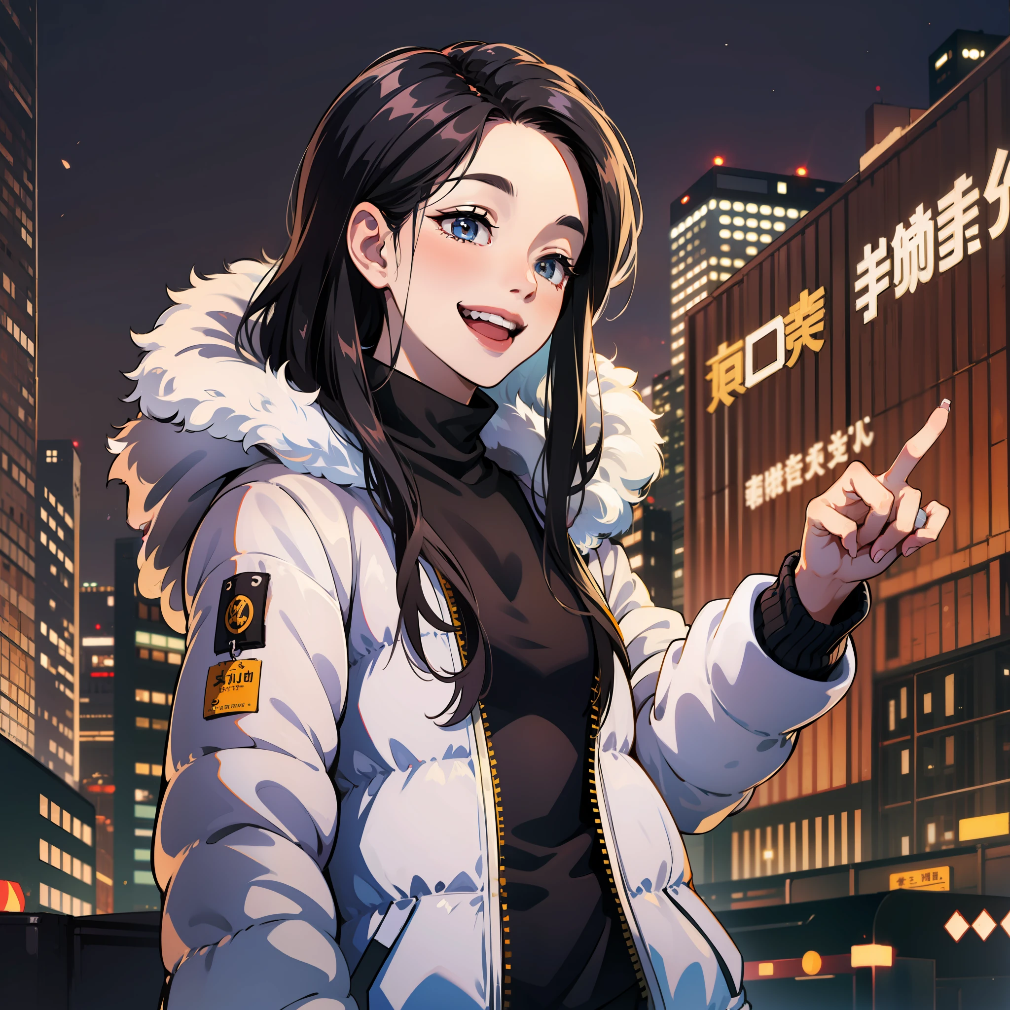 Kamado nesuko , long black hair, wearing a down jacket, standing, atreet , city background, laughing , happy expression