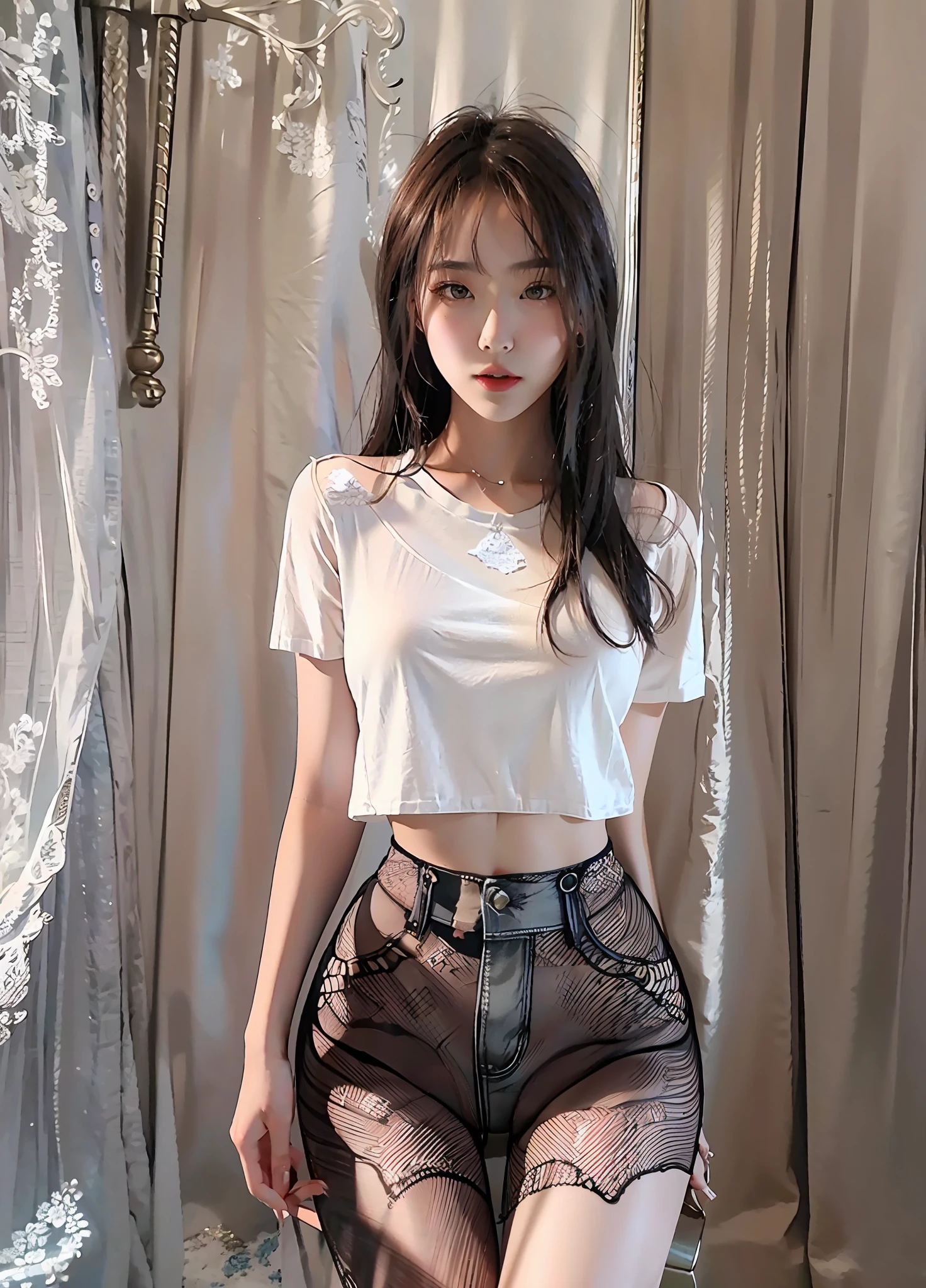 Best quality, full body portrait, delicate face, 18 year old girl, slim figure, small bust, white crop top T-shirt, waist pink denim skirt, gymnasium scene, standing tall, sexy