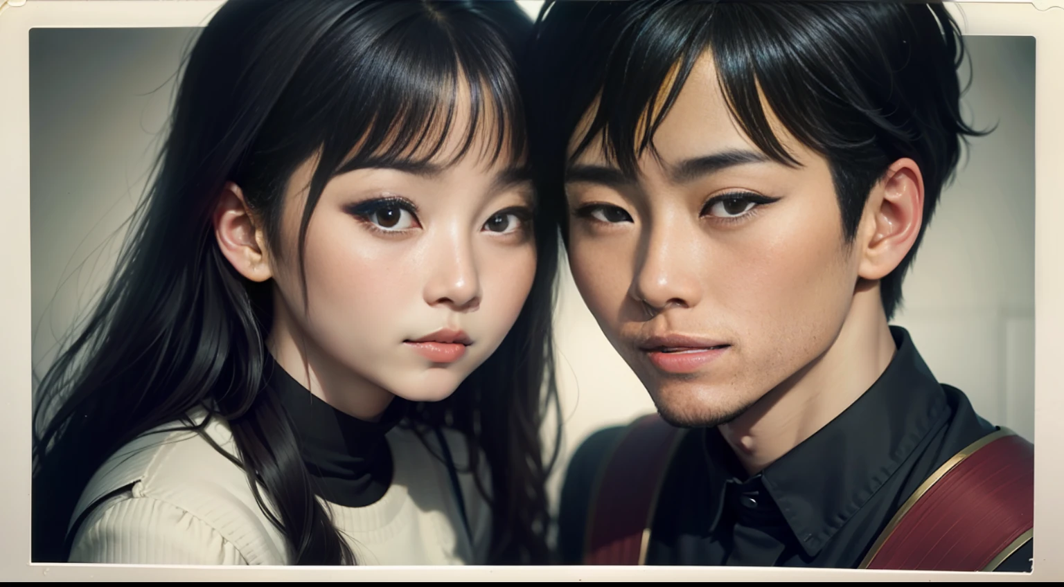 Polaroid photograph of a Korean couple. form their faces as beautiful as possible.