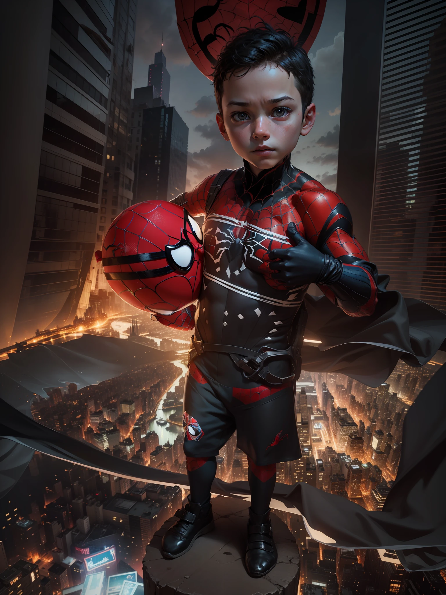 Child, spider man style, no mask, ultra hd, 8k HDR, with mask in hand, spider man, hero child, child hero, spider man, marvel, in new york, buildings