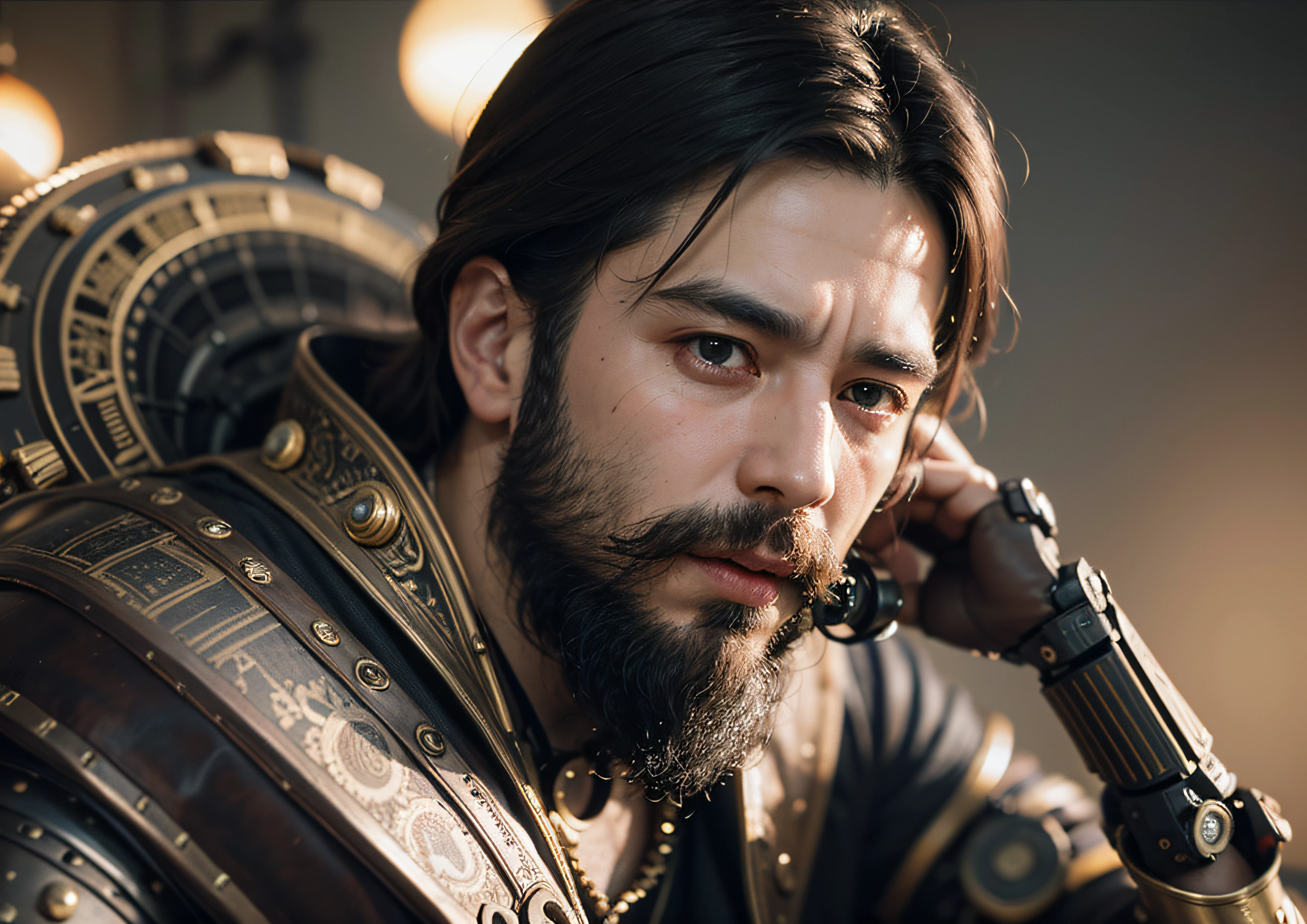 ((Masterpiece))), ((Best Quality))), ((Ultra Detailed)), (Surreal), Cinematic Light, Realistic, Beautiful Man, (Wrinkled Face and Beard), Intricate Details, Full Vision, Weapon, Robotic Arm, Cinematic Quality, Full Body, Short Black Hair, ((Steampunk))