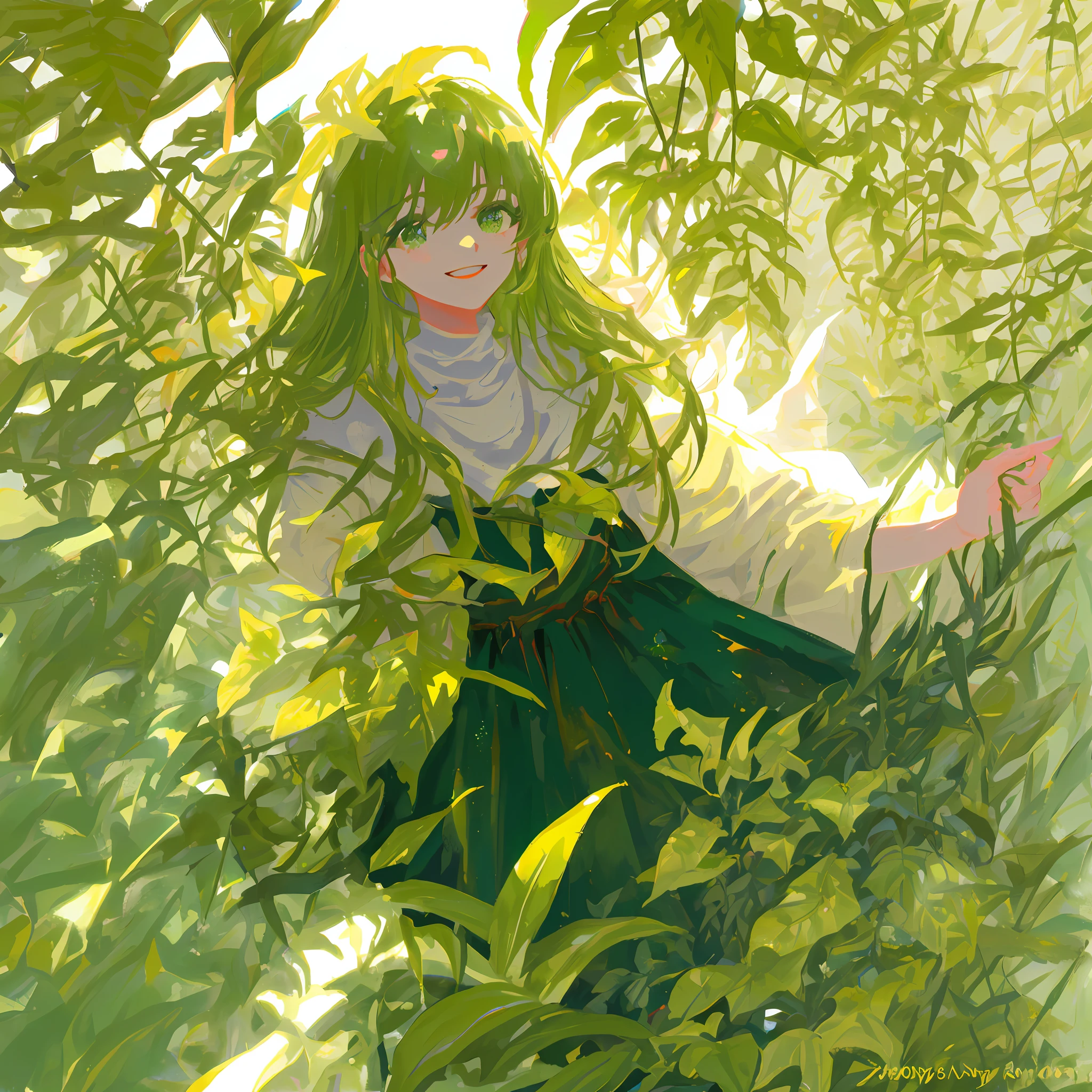 artwork illustration sunny day green nature cozy flora a girl youthful and angelic appearance (child ((focus on face)) between giant leaves in the shade protecting herself from the strong sun smiling holding plants bright colors shades of green top quality ((light focus)) (eye detail) (8k) (sharp focus)