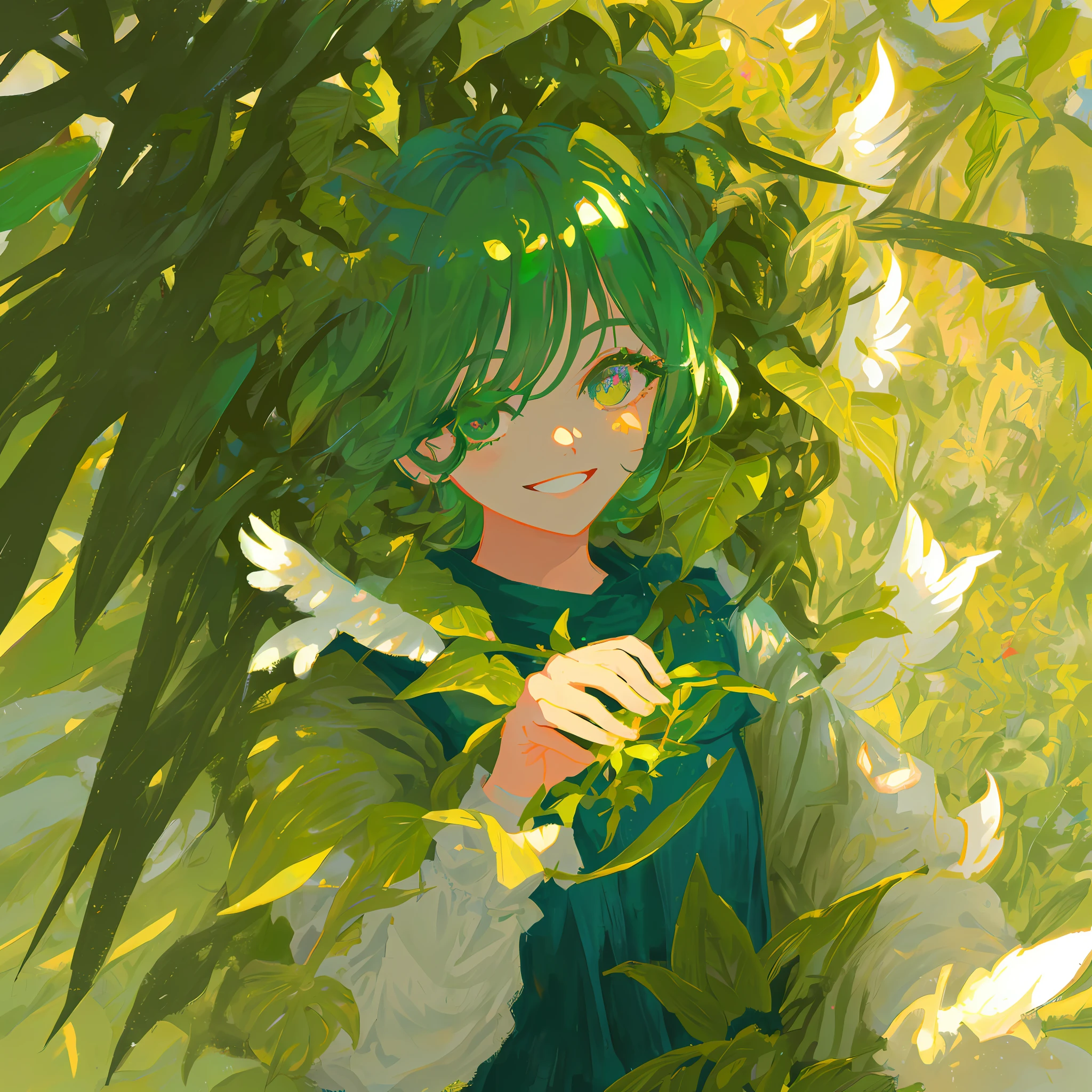 artwork illustration sunny day green nature cozy flora a girl youthful and angelic appearance (child ((focus on face)) between giant leaves in the shade protecting herself from the strong sun smiling holding plants bright colors shades of green top quality ((light focus)) (eye detail) (8k) (sharp focus)