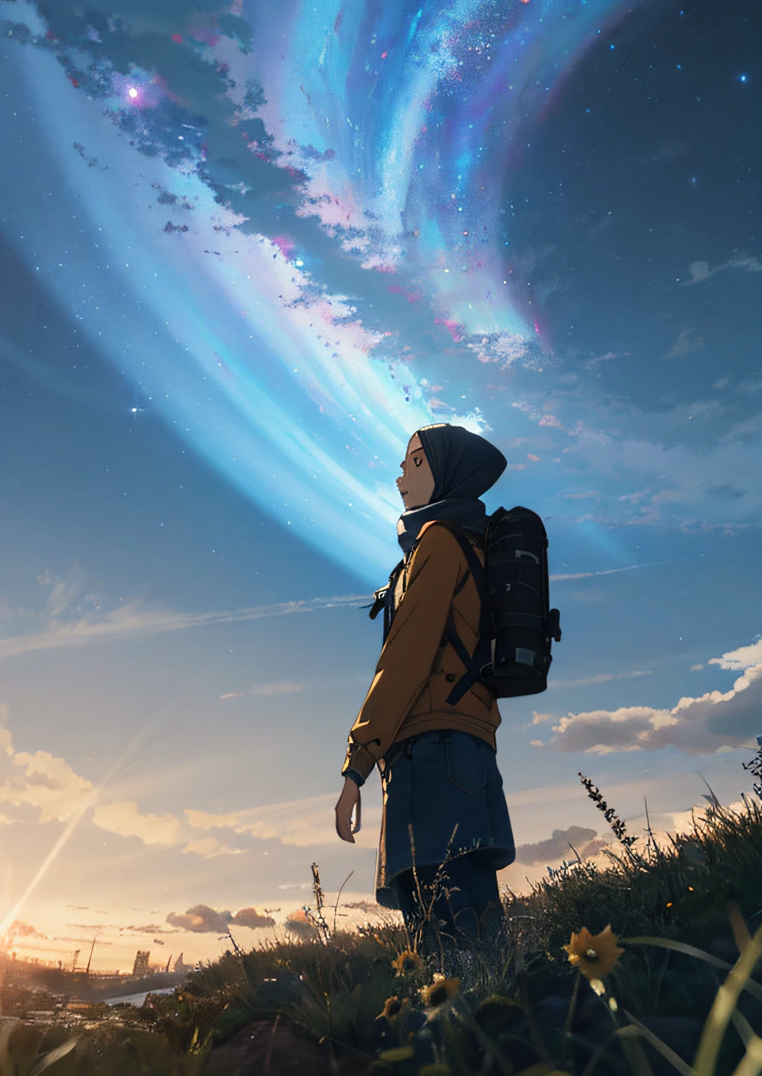 The vast sky, the beautiful skyline, the large meadows, the extremely tense and dramatic images, the moving visual effects, the high Polaris and the colorful natural light. Hijab and a girl with a backpack.