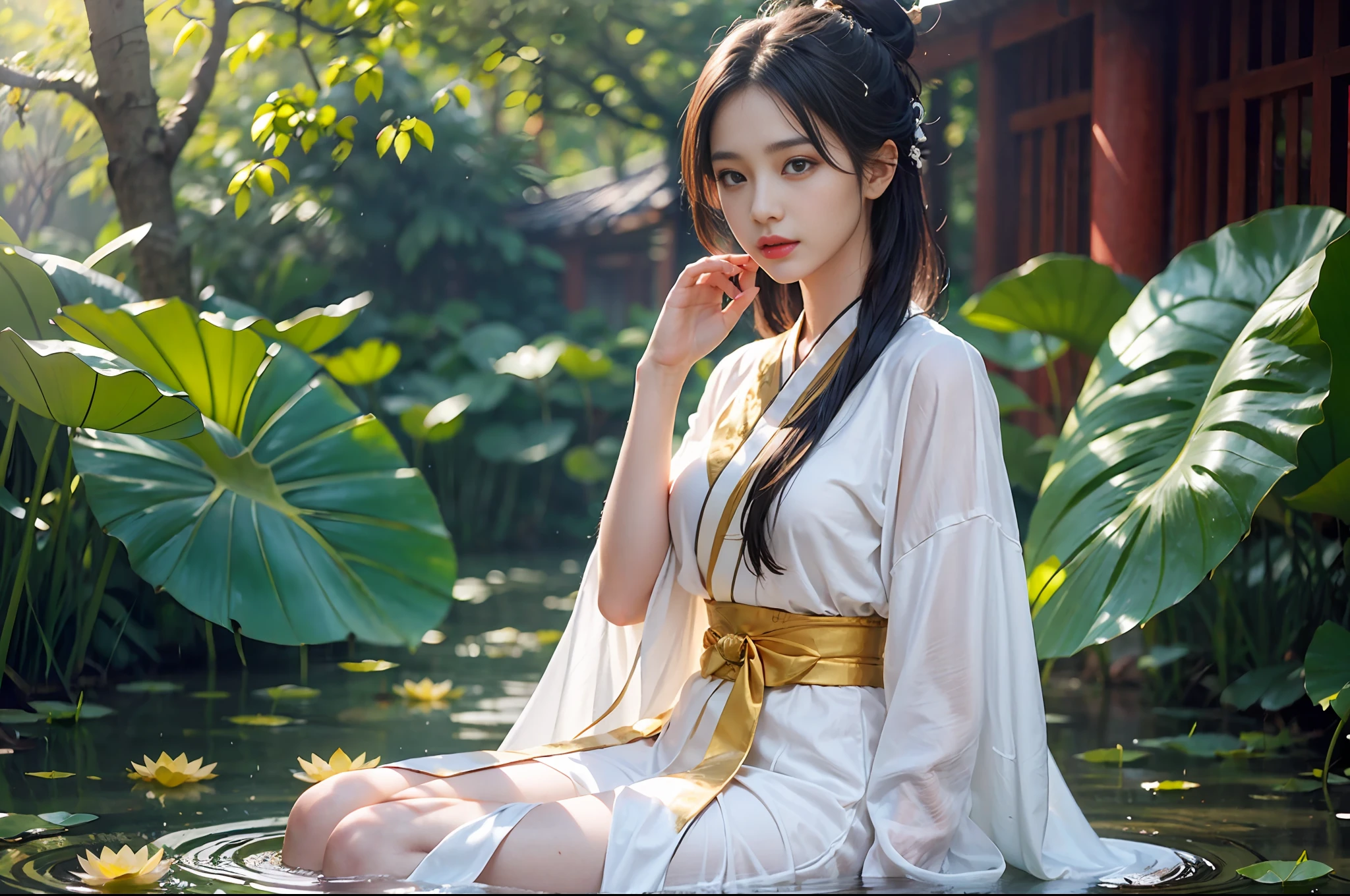 Realistic, close-up, intricate details, super detailed, natural skin texture, 1 girl, hair bundle, bun, beautiful Chinese woman in white hanfu robe cloak, fairy, white mist, golden light, white mist, outdoors, in Hangzhou West Lake, in ancient Chinese pavilion, (colorful, vivid, sunny, cool light: 1.2) lotus leaves in pond, delicate facial details, dynamic poses, exquisite details, wide field of view, epic details, global illumination - ar 3:2 - q 5 - v 5.1 - Style RAW-S 750, style influenced by ancient Chinese art, complex, high detail, sharp focus, dramatic, photorealistic painting art, lotus leaf, spring rain, bright, light, atmosphere, bright tones of spring, super detail, 16k, best quality, soft light, space, crystal clear, natural light, surreal photography,