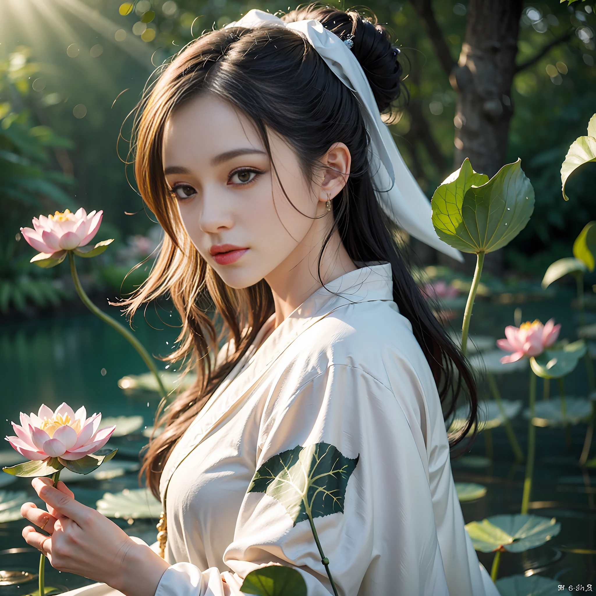 Realistic, close-up, intricate details, super detailed, natural skin texture, 1 girl, hair bundle, bun, beautiful Chinese woman in white hanfu robe cloak, fairy, white mist, golden light, white mist, by the West Lake, in ancient Chinese pavilions, (colorful, vivid, sunny, cool light: 1.2) lotus leaves in the pond, delicate facial details, dynamic poses, exquisite details, wide view, epic details, global illumination- ar 3:2 - q 5 - v 5.1 - Style RAW - S 750, style influenced by ancient Chinese art, complex, high detail, sharp focus, dramatic, photorealistic painting art, lotus leaf, spring rain, bright, light, atmospheric, bright tones of spring, super detail, 16k, best quality, soft light, space, crystal clear, natural light, surreal photography