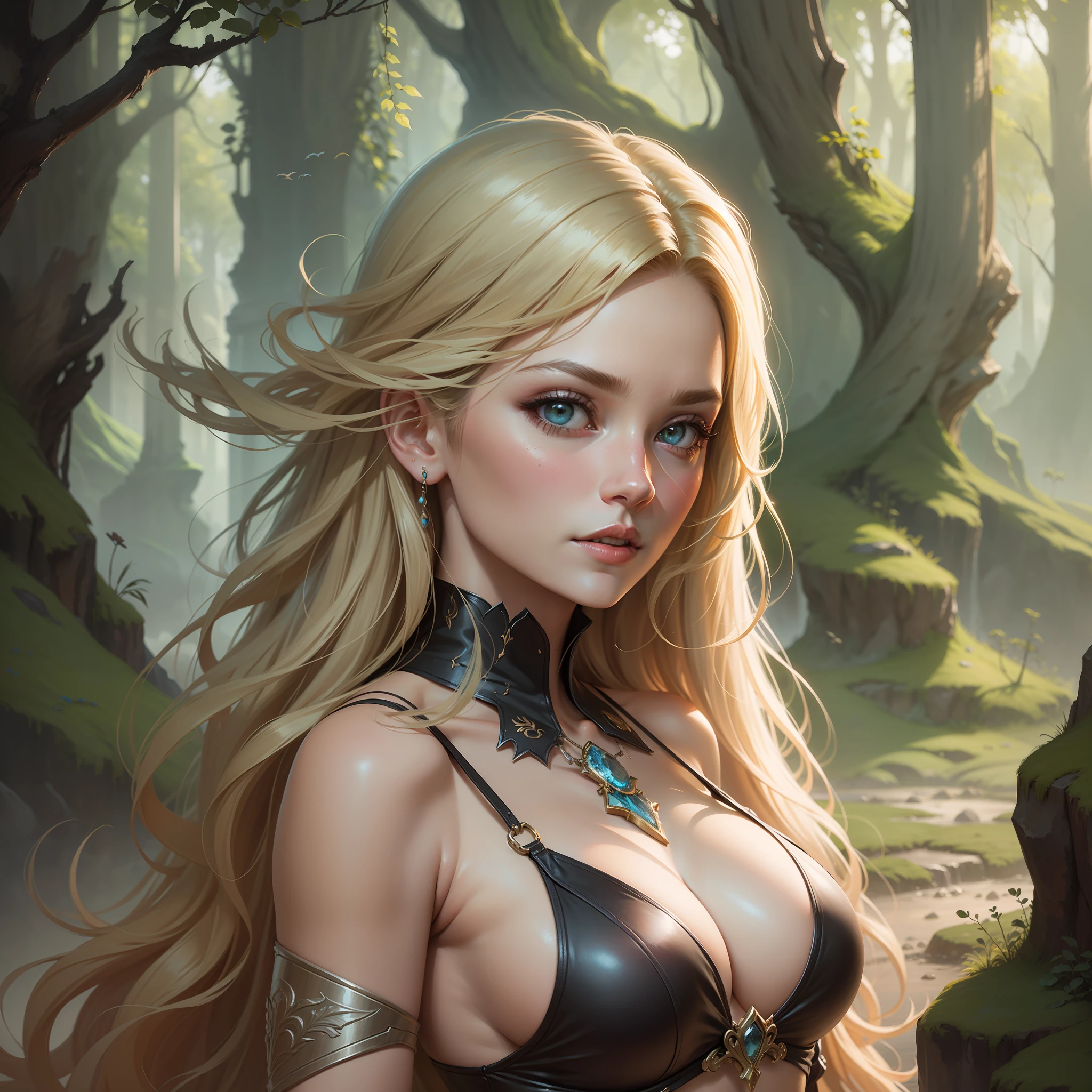 A portrait of a beautiful woman with long, blonde hair dressed in a bikini in a fantasy landscape. Highly detailed. Digital painting, ArtStation, conceptual art, soft focus, sharp, illustration