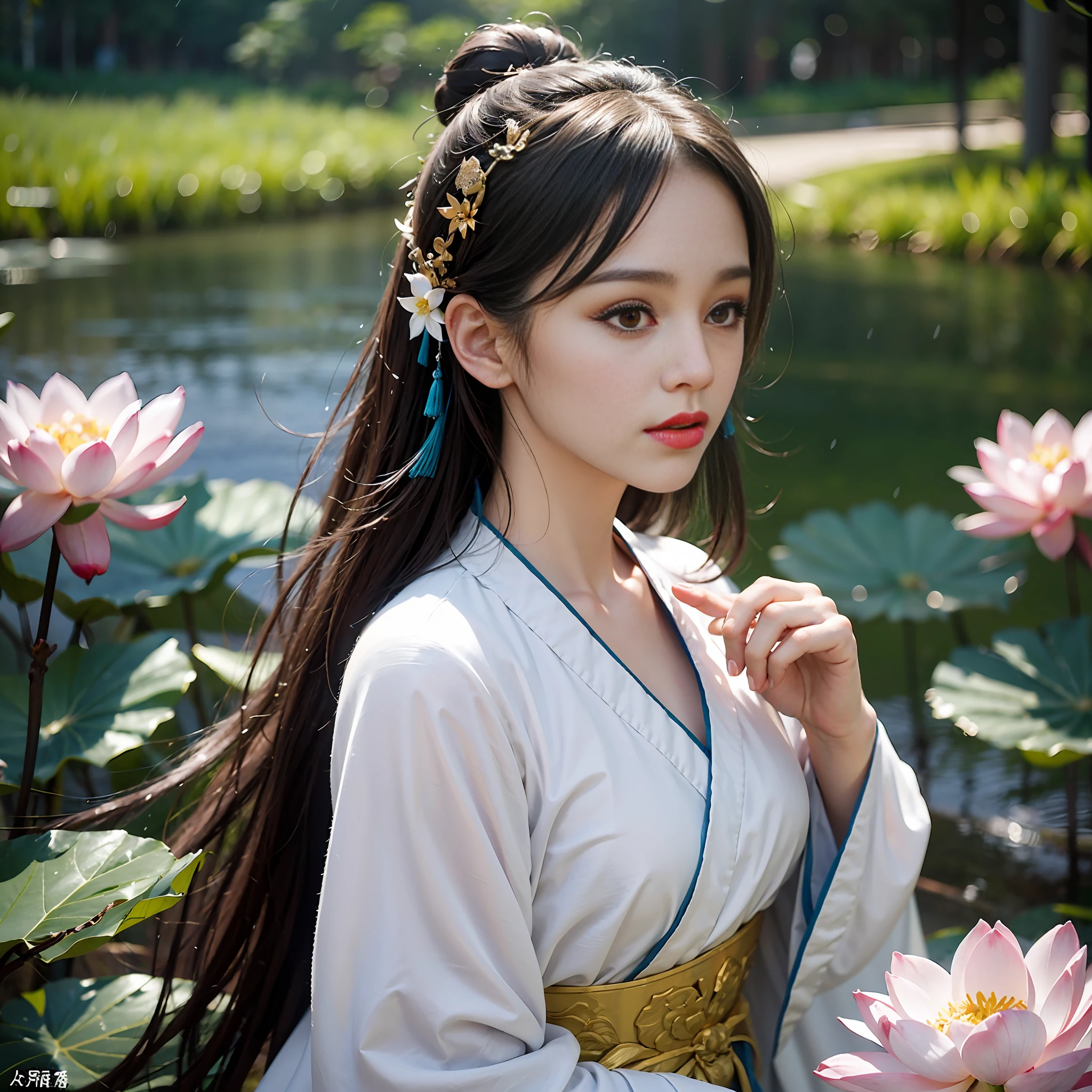 Realistic, close-up, intricate details, super detailed, natural skin texture, 1 girl, hair bundle, bun, beautiful Chinese woman in white hanfu robe cloak, fairy, white mist, golden light, white mist, by the West Lake, in ancient Chinese pavilions, (colorful, vivid, sunny, cool light: 1.2) lotus leaves in the pond, delicate facial details, dynamic poses, exquisite details, wide view, epic details, global illumination- ar 3:2 - q 5 - v 5.1 - Style RAW - S 750, style influenced by ancient Chinese art, complex, high detail, sharp focus, dramatic, photorealistic painting art, lotus leaf, spring rain, bright, light, atmospheric, bright tones of spring, super detail, 16k, best quality, soft light, space, crystal clear, natural light, surreal photography