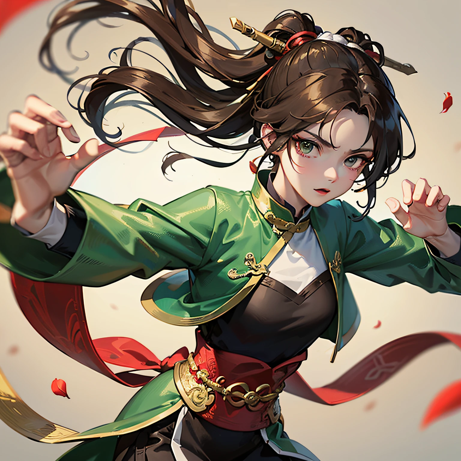 Antique style, ancient China, ancients, girl in green. Hand throwing petals, killing invisible, fighting with people, black dress girl Qiankun circle, sword qi, fine face, air flying, light gong fighting method, 8K, detail processing --auto