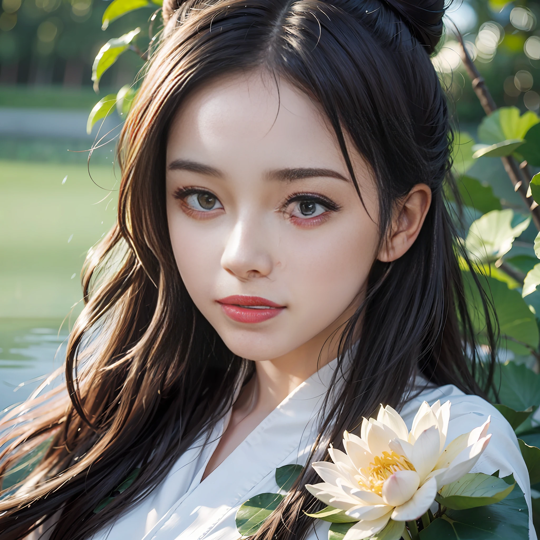 Realistic, close-up, intricate details, super detailed, natural skin texture, 1 girl, hair bundle, bun, beautiful Chinese woman in white hanfu robe cloak, fairy, white mist, golden light, white mist, by the West Lake, in ancient Chinese pavilions, (colorful, vivid, sunny, cool light: 1.2) lotus leaves in the pond, delicate facial details, dynamic poses, exquisite details, wide view, epic details, global illumination- ar 3:2 - q 5 - v 5.1 - Style RAW - S 750, style influenced by ancient Chinese art, complex, high detail, sharp focus, dramatic, photorealistic painting art, lotus leaf, spring rain, bright, light, atmospheric, bright tones of spring, super detail, 16k, best quality, soft light, space, crystal clear, natural light, surreal photography